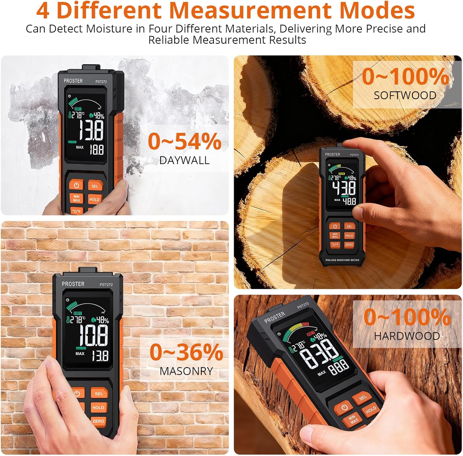 PROSTER Pinless Moisture Meter PST272 showing 4 different measurement modes