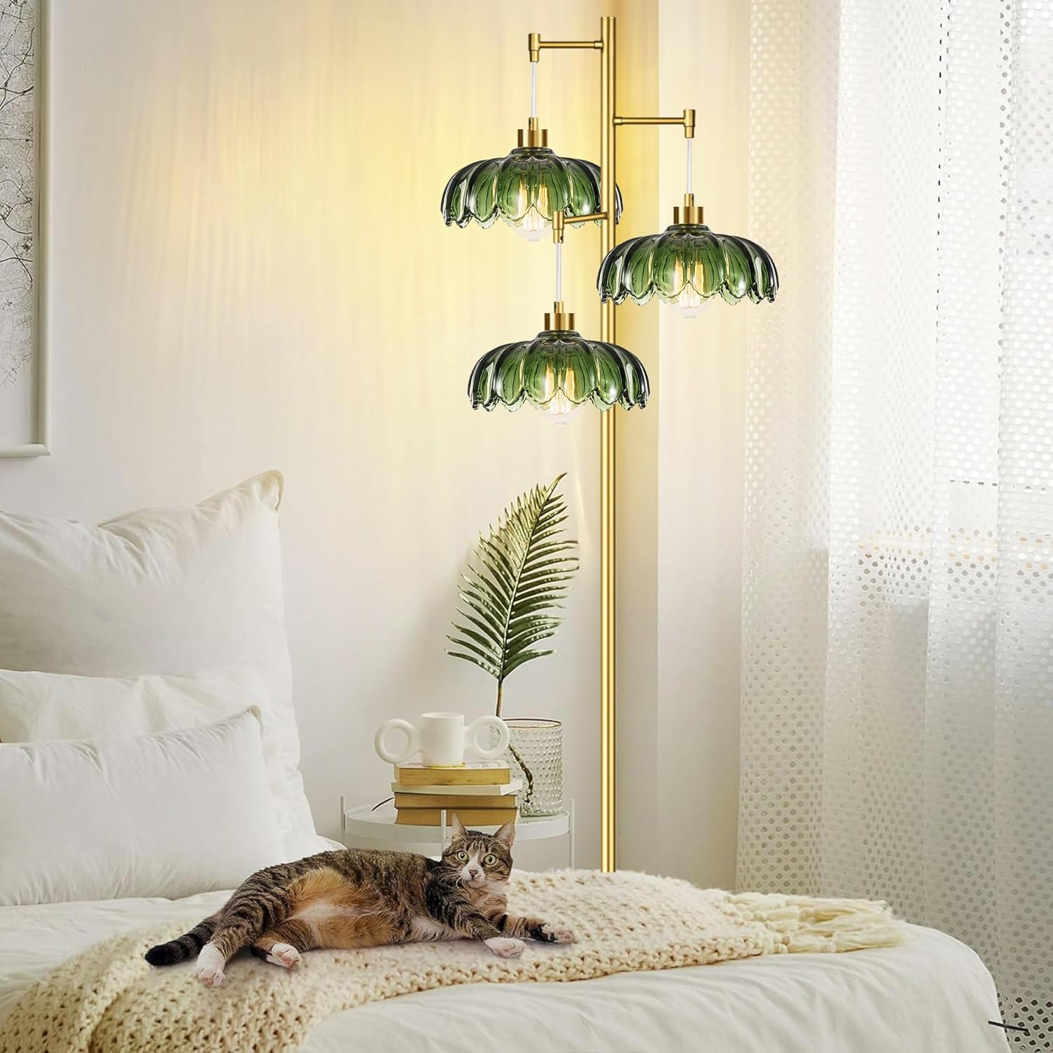Glass Gold Floor Lamp for Living Room,Bedroom,Mid Century Modern Standing Lamp Brass Tree 3 Light Tall Floor Lamps Vintage Retro Floor Lights Green Flower Lamp Shade Farmhouse Boho Bohemian 27-Floor Lamp