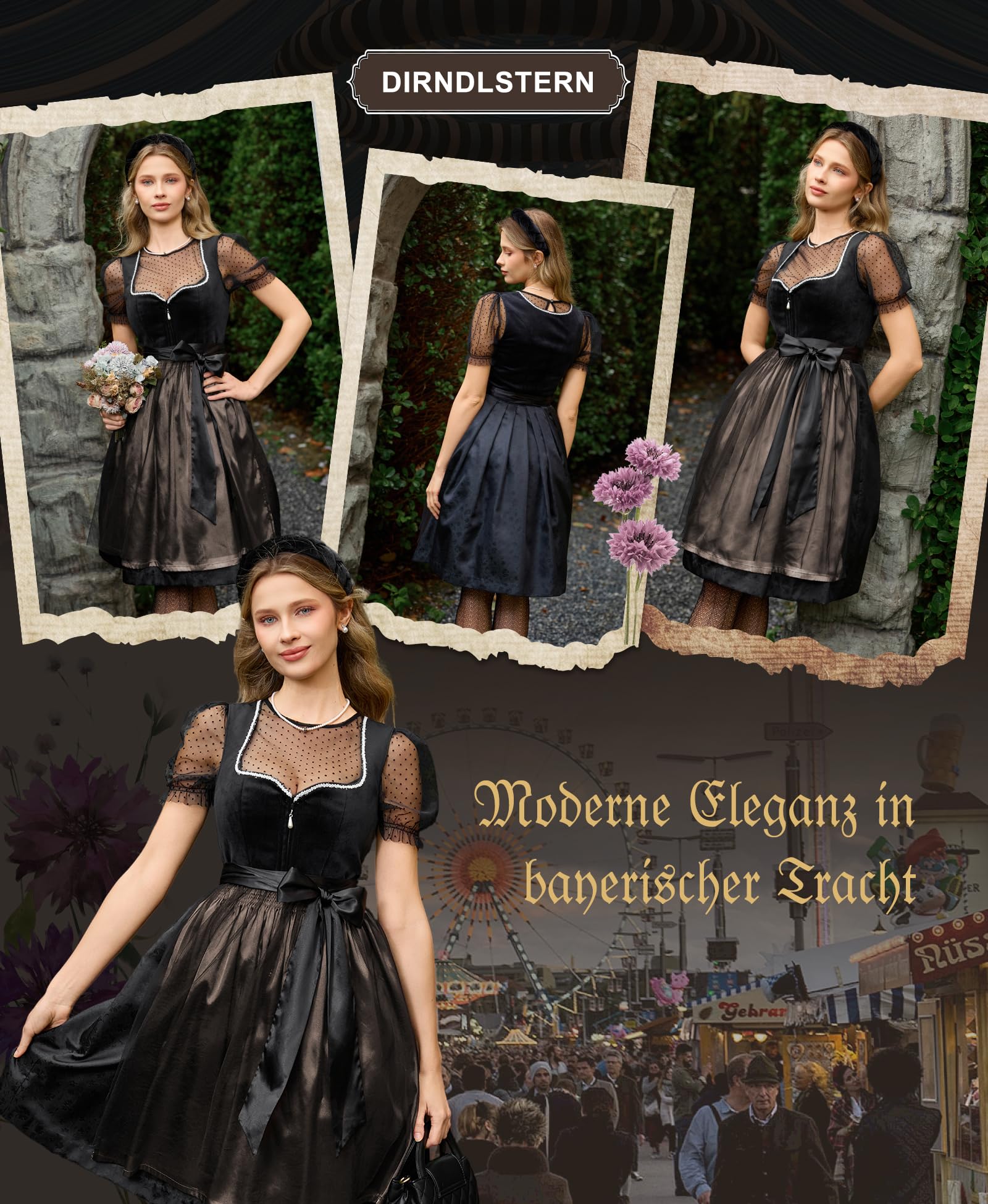 DIRNDLSTERN Trachtenkleid Damen Schwarz - Samt Midi Oktoberfest Outfit Dirndlkleid mit Jacquard 2026