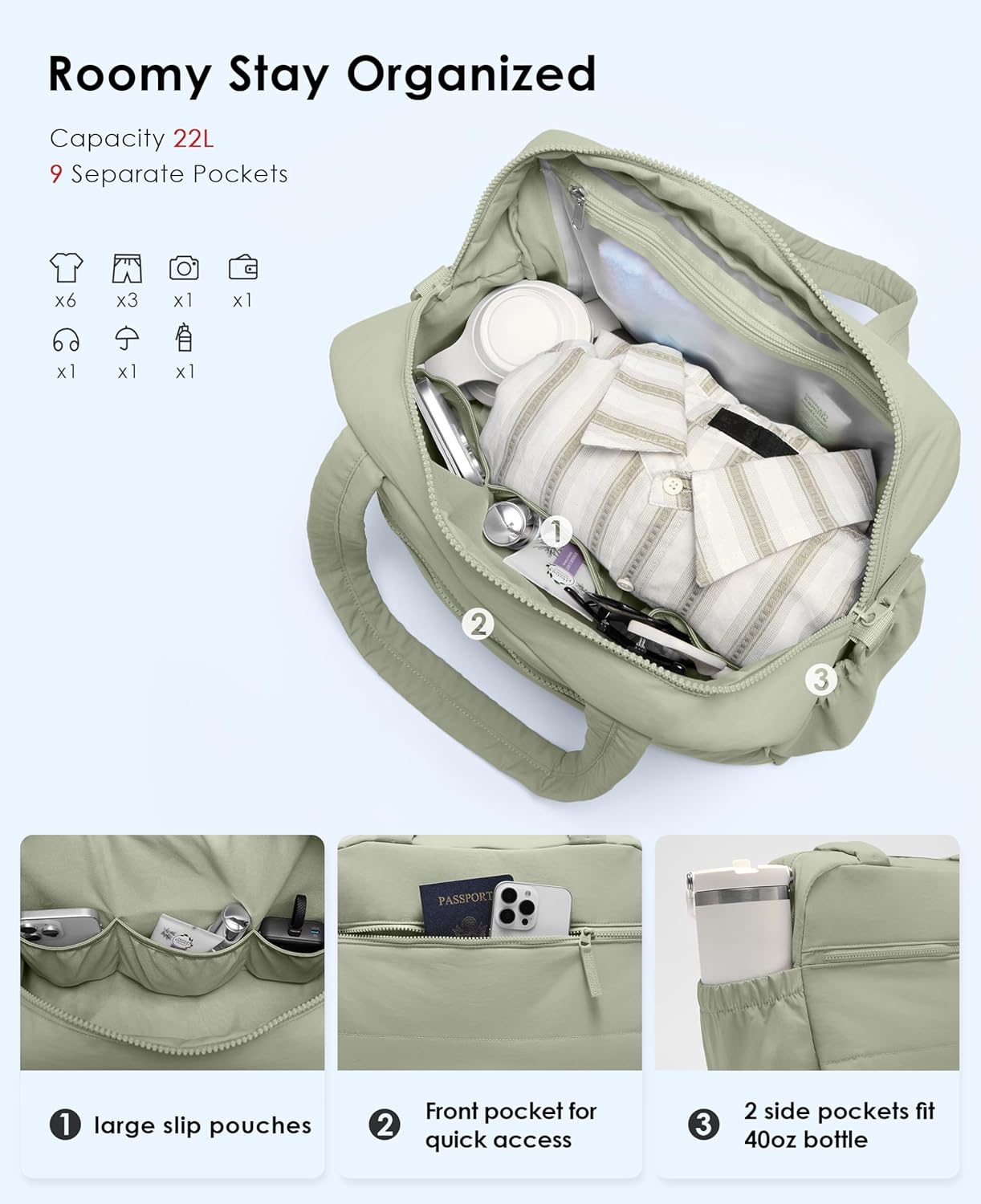 Gym Bag for Women, Travel Duffle Bags with Wet Pocket, Lightweight Carry on Bag Overnight Weekender Duffel Bag, Water Resistant (Light Green) - Image 3