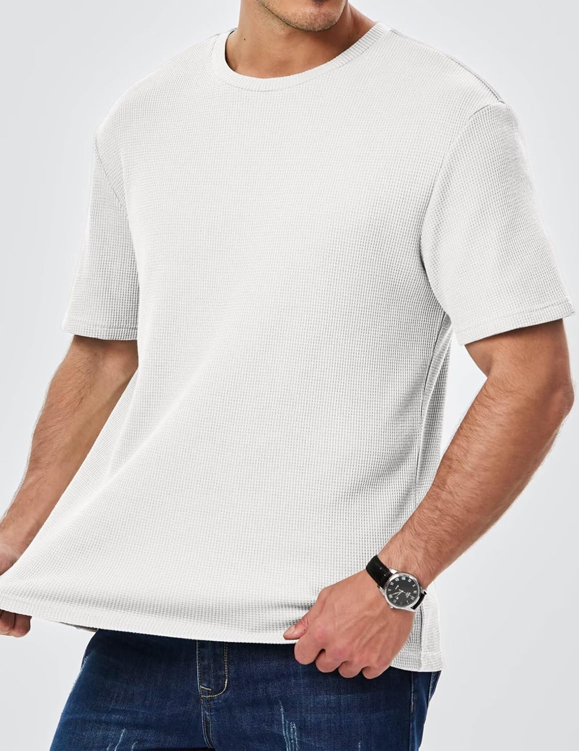 Men's Casual T-Shirts Lightweight Crewneck Solid Color Short Sleeve Waffle Pullover Tees - Image 3