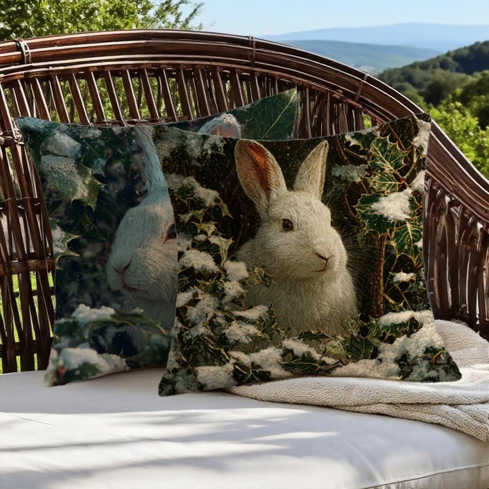 Federa Cuscino 80x80 Inverno Cuscini Divano Coniglio Cuscini da Esterno Impermeabili Linoi Set di 2 Decorativi Cushion Covers per Giardino Soggiorno Sofá Balcone Patio, Regalo per Donne 1B-180