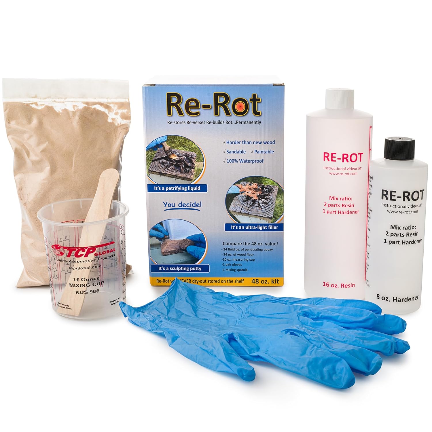 Re-Rot 48-Ounce Epoxy – Rot Repair Kit – Rapid Drying Even in Winter – Easy to Apply – Restores Structural Strength – Rebuilds Rotted or Missing Wood – Sandable/Paintable – 3 Products in 1