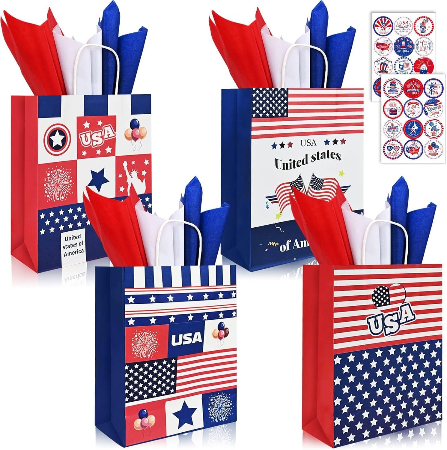 12 Pcs Patriotic Gift Bags with Handle with 24 Red Blue