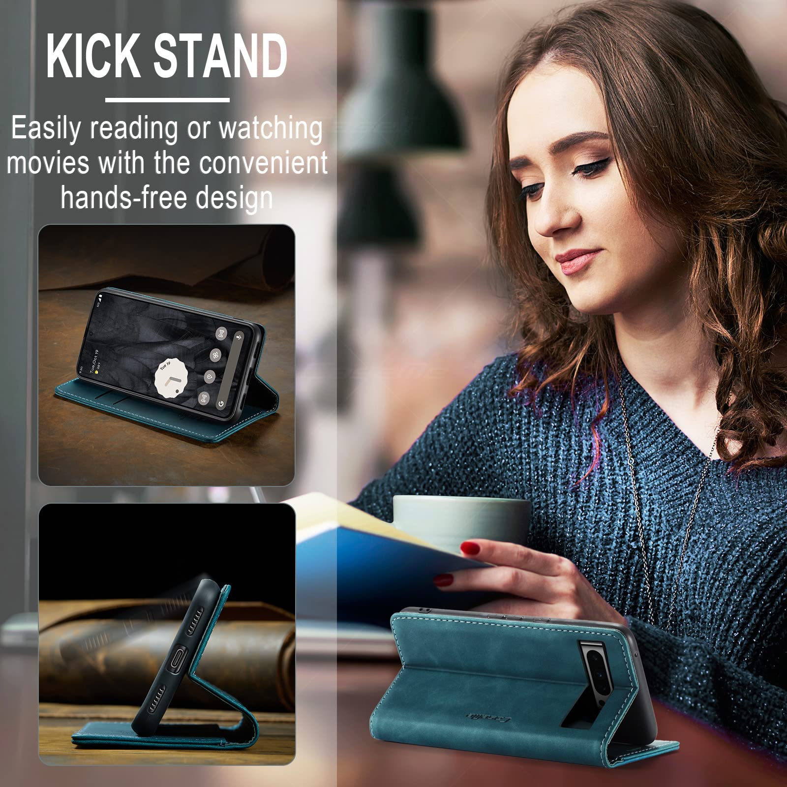 Azororo Cover per Google Pixel 8 Pro 5G, Premium PU Pelle Custodia, Magnetica Carta Fessura Portafoglio Case, Flip Cavalletto Custodia per Google Pixel 8 Pro - Blu verde