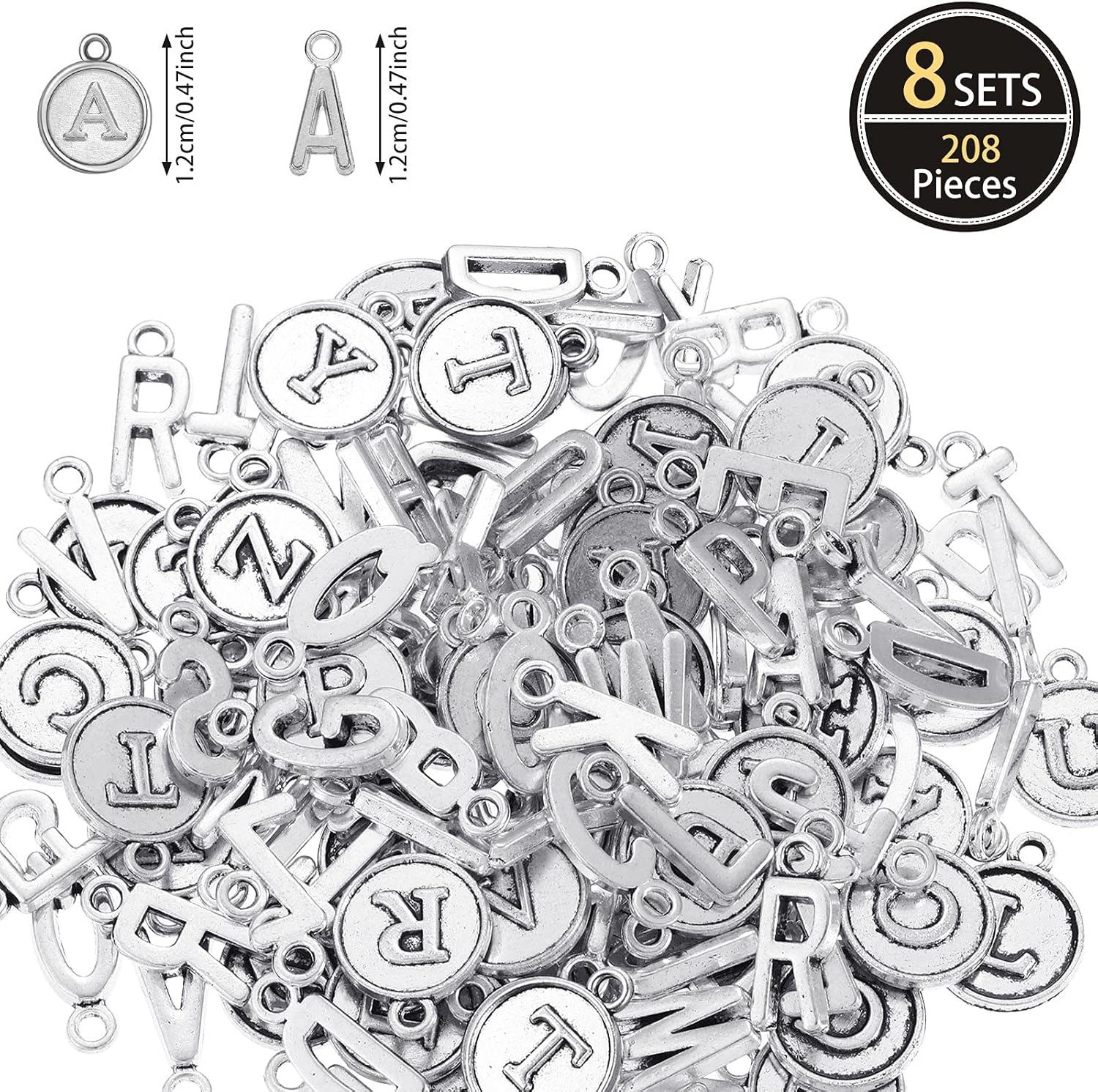 Yinkin 8 SetsMixed Alphabet Charms Round Letter Pendants A-Z Initial Letter Metal Charms for Jewelry Making and DIY Crafting(Ancient Silver)