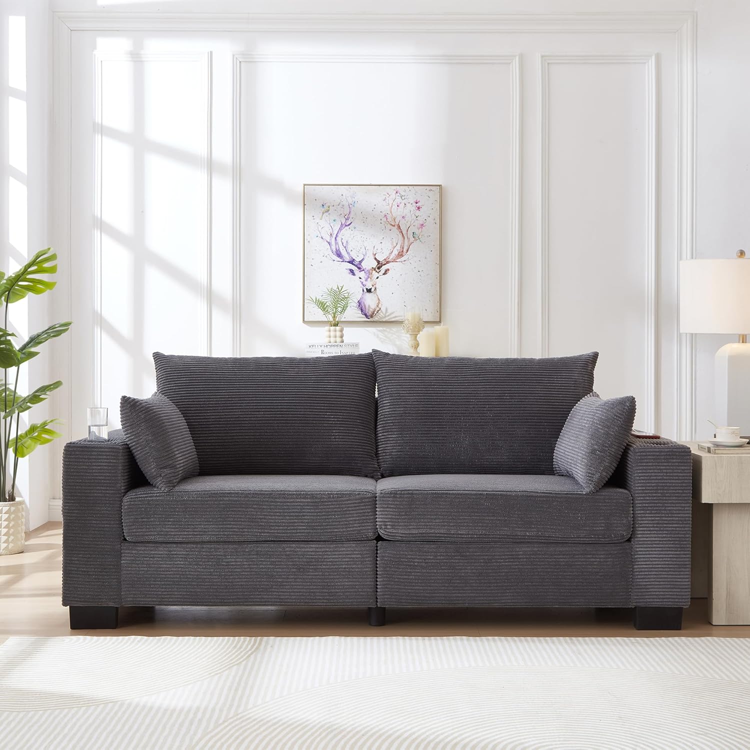 78" Cloud Loveseat Sofa, Modern 2 Seater Loveseat Couch with Dual Cup Holders & USB Charging Ports, Comfy Corduroy Upholstered Sofa with Side Storage Pockets for Apartment | Layers Seat Cushions, 20" High Backrest, Easy-Assembly