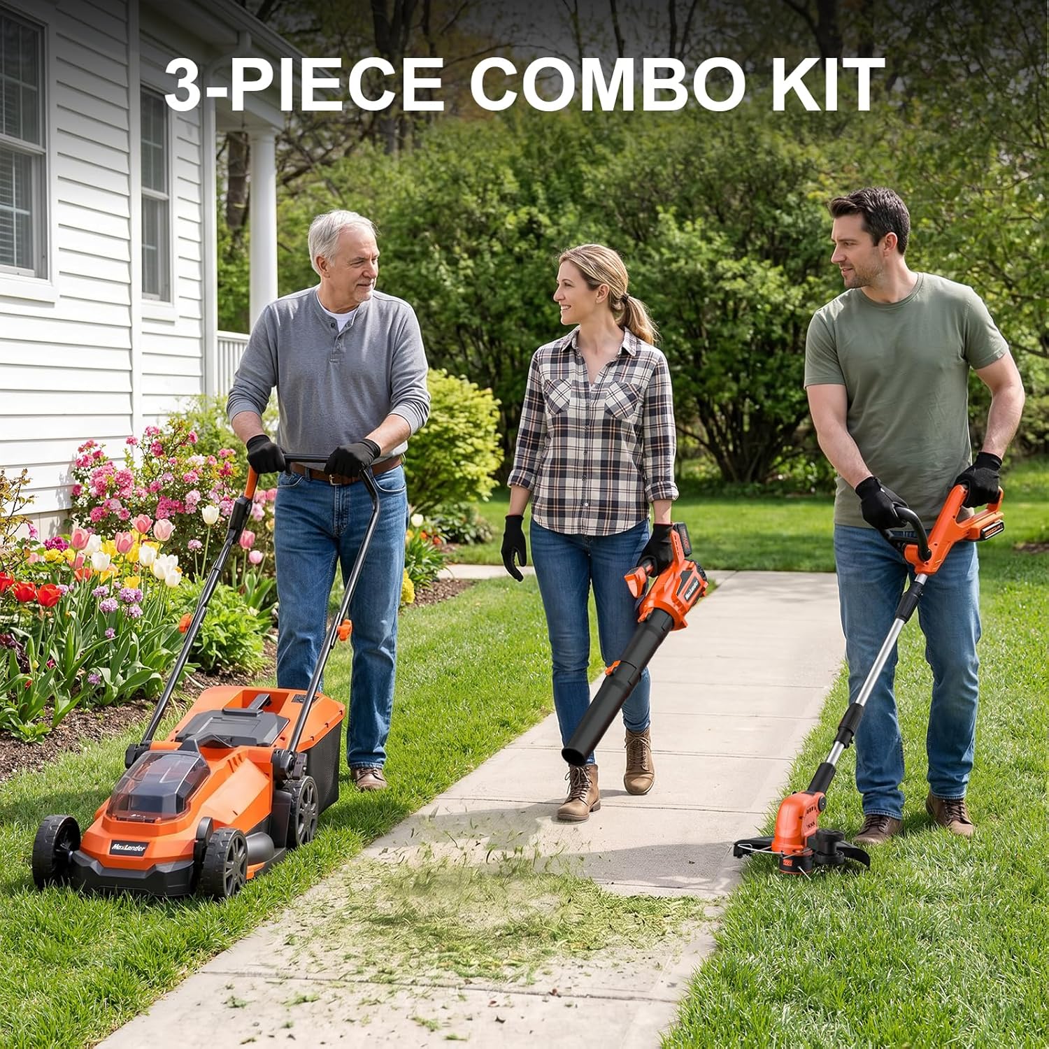 MAXLANDER 20V 13 Inch Electric Lawn Mower and 12 Inch Cordless Weed Wacker and 600CFM Cordless Leaf Blower Combo, Cordless Lawn Mower Set with 2 x 4.0Ah & 2 x 3.0Ah Batteries and Dual Chargers