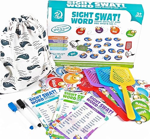 Popokeegoo Juego de palabras a la vista, 192 palabras de fritura sentada, 36 tarjetas creativas de palabras en blanco con 4 matamosca, 3 tarjetas de