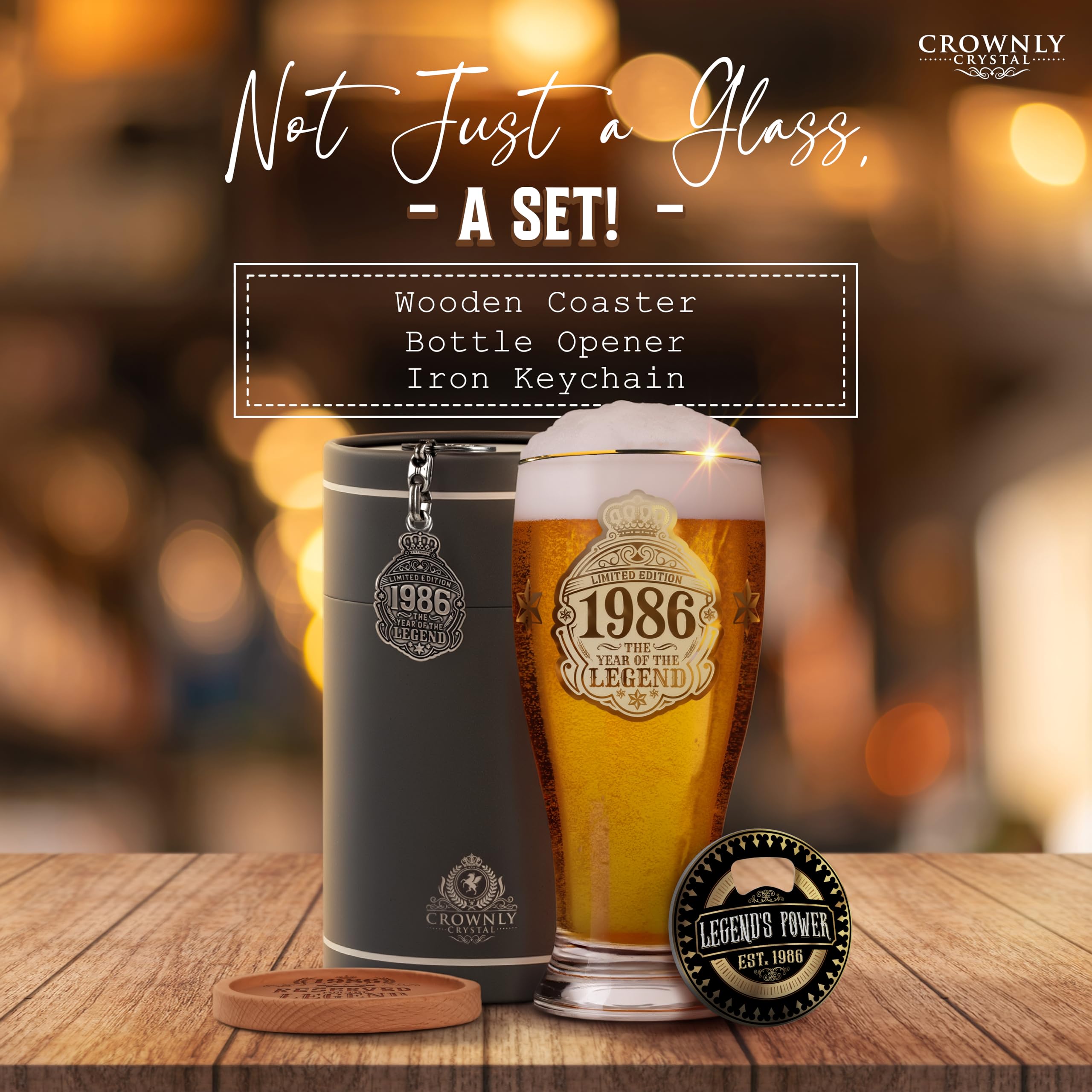 CROWNLY CRYSTAL® 1986 Regalo 40 Anni Uomo Bicchiere Birra 570 ml Personalizzato Compleanno Regali Personalizzati Idee Fidanzato Amica Per Lui