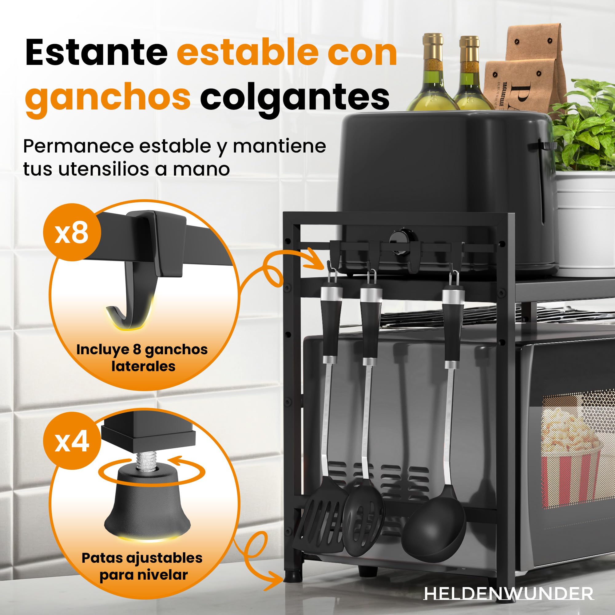 Heldenwunder Estantería Microondas Estantes Cocina Acero (2 Niveles) | Mueble Microondas Horno Estanterias Almacenaje Organizador Estante Panadería Ajustable + Instrucciones en Vídeo, Ganchos – Negro