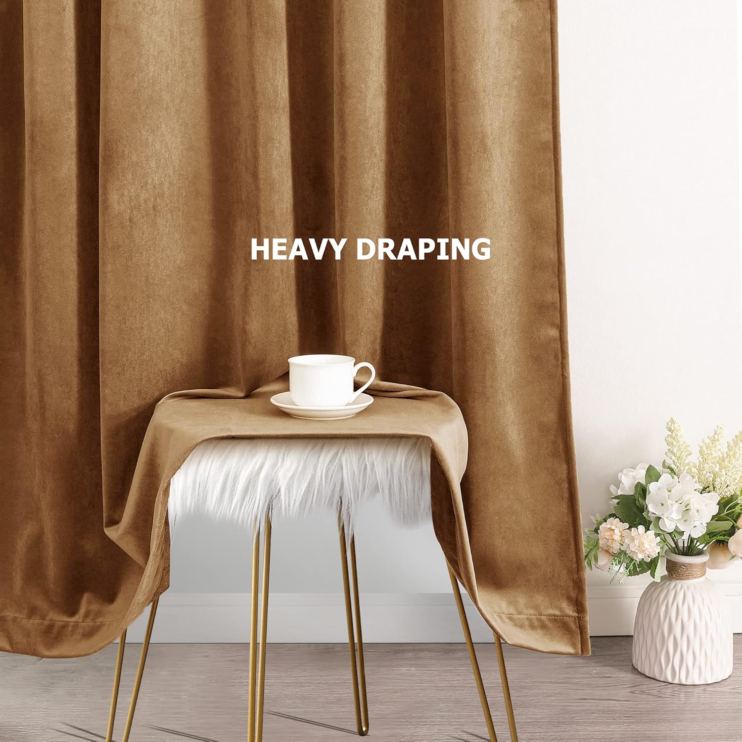 Benedeco Camel Velvet Curtains for Bedroom Window, Super Soft Luxury Drapes, Room Darkening Thermal Insulated Rod Pocket Curtain for Living Room, W52 by L84 inches, 2 Panels