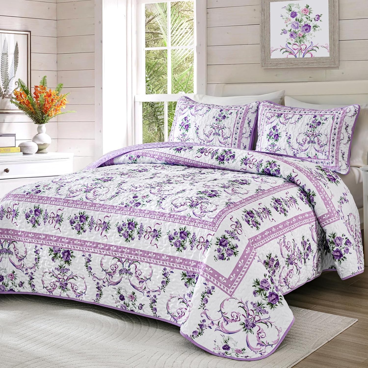 Purple Quilt Set King Size, 3 Pieces Floral Pattern Quilts Bedspread with 2 Pillowcases, Soft Microfiber Lightweight Retro Bed Cover for All Season(King, 104"x90")
