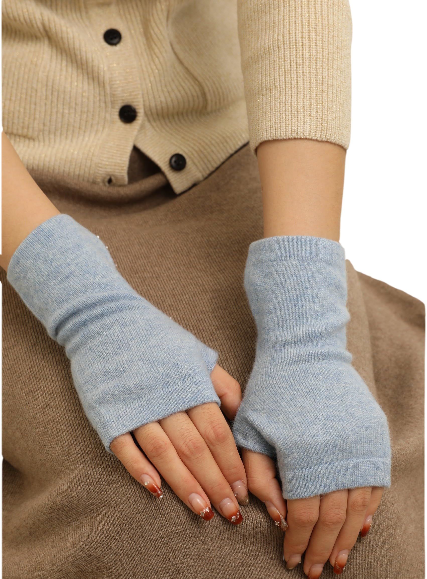 Prettystern Woman 100% CASHMERE Wool Fingerless Half-Finger Gloves Wirst Warmers Gauntlets cuffs - Jeans-blue mottled M01