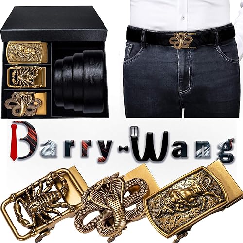 Miniatura 6 de Barry.Wang Juego de Cinturones con Trinquete y 3 Hebilla para Hombre, Cinturón de Regalo de Cuero de Grano, Hebilla Automática de 3,5 cm, para Día