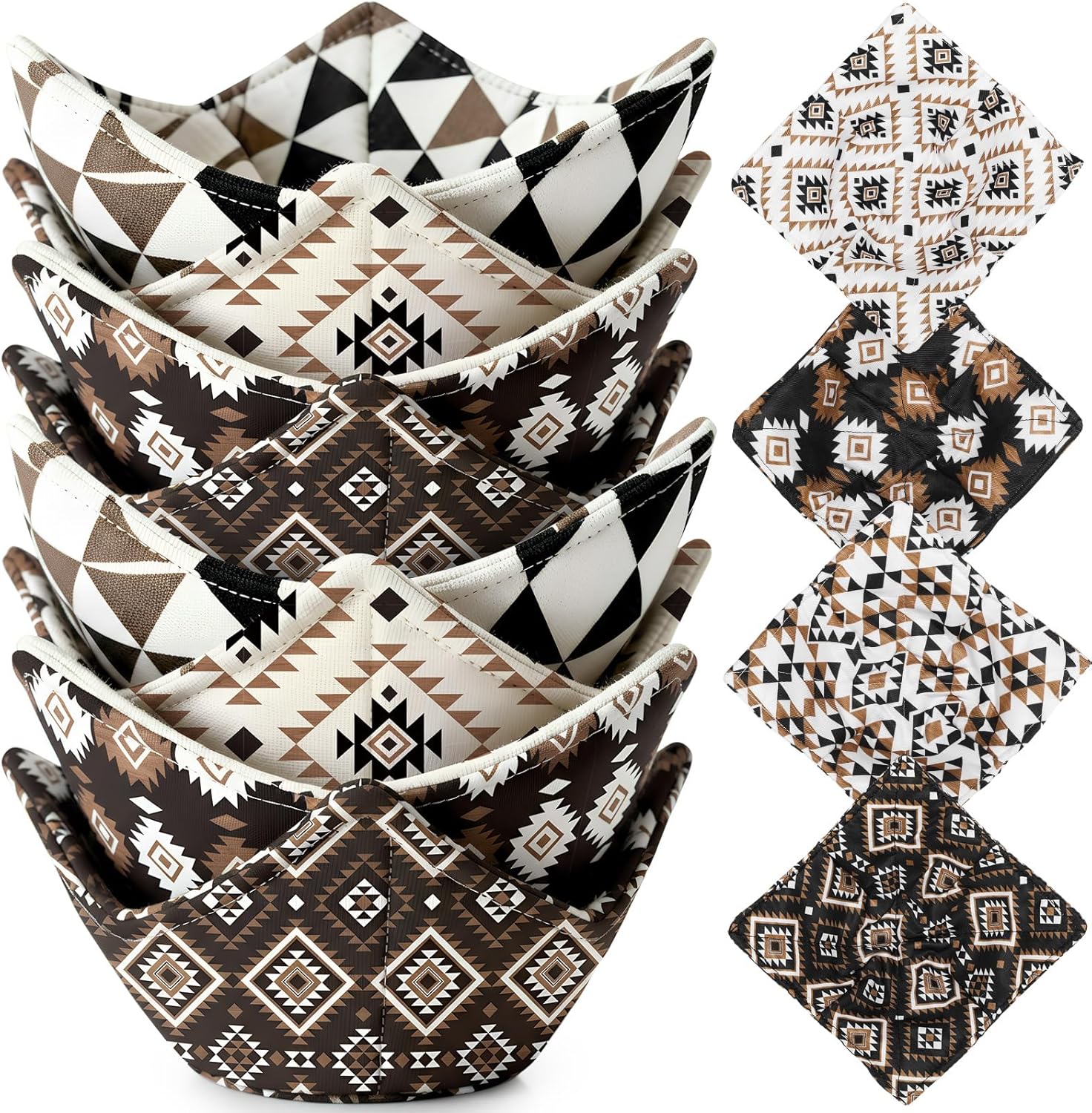 FoldTier 8 Pcs Microwave Bowl Cozy Holders, Western Aztecs Party Favor Reusable Hot Pads Soup Bowl Potholders Heat Resistant Grips Housewarming Gifts Kitchen Accessories for Hot Food Plates