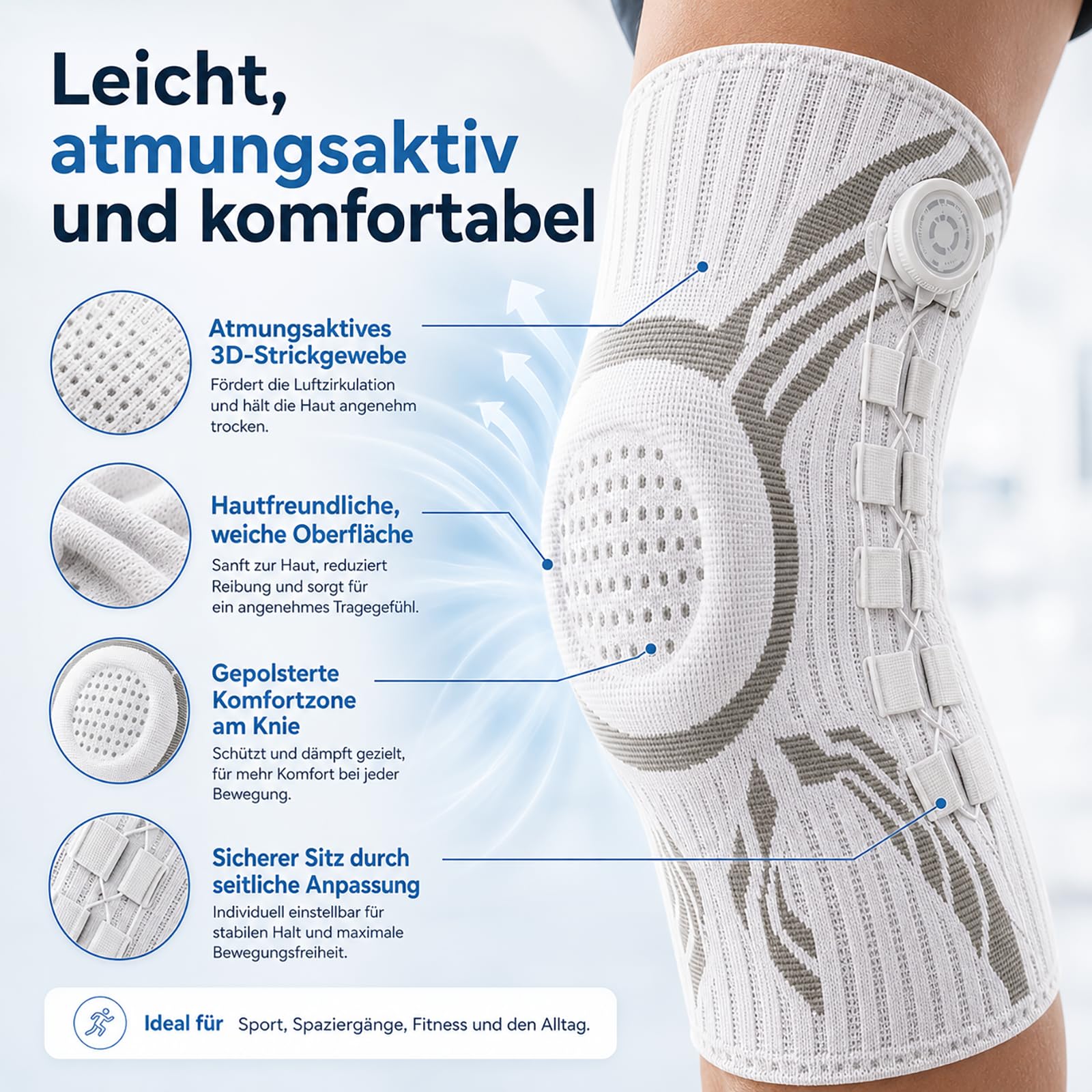 Kniebandage mit Drehverschluss und Patellarschutz, 3D Kompression & rutschfester Halt, verstellbare Kniebandage für Sport, Laufen, Fitness, Training, Arbeit und Alltag, Damen Herren，1 Paar–Schwarz：M
