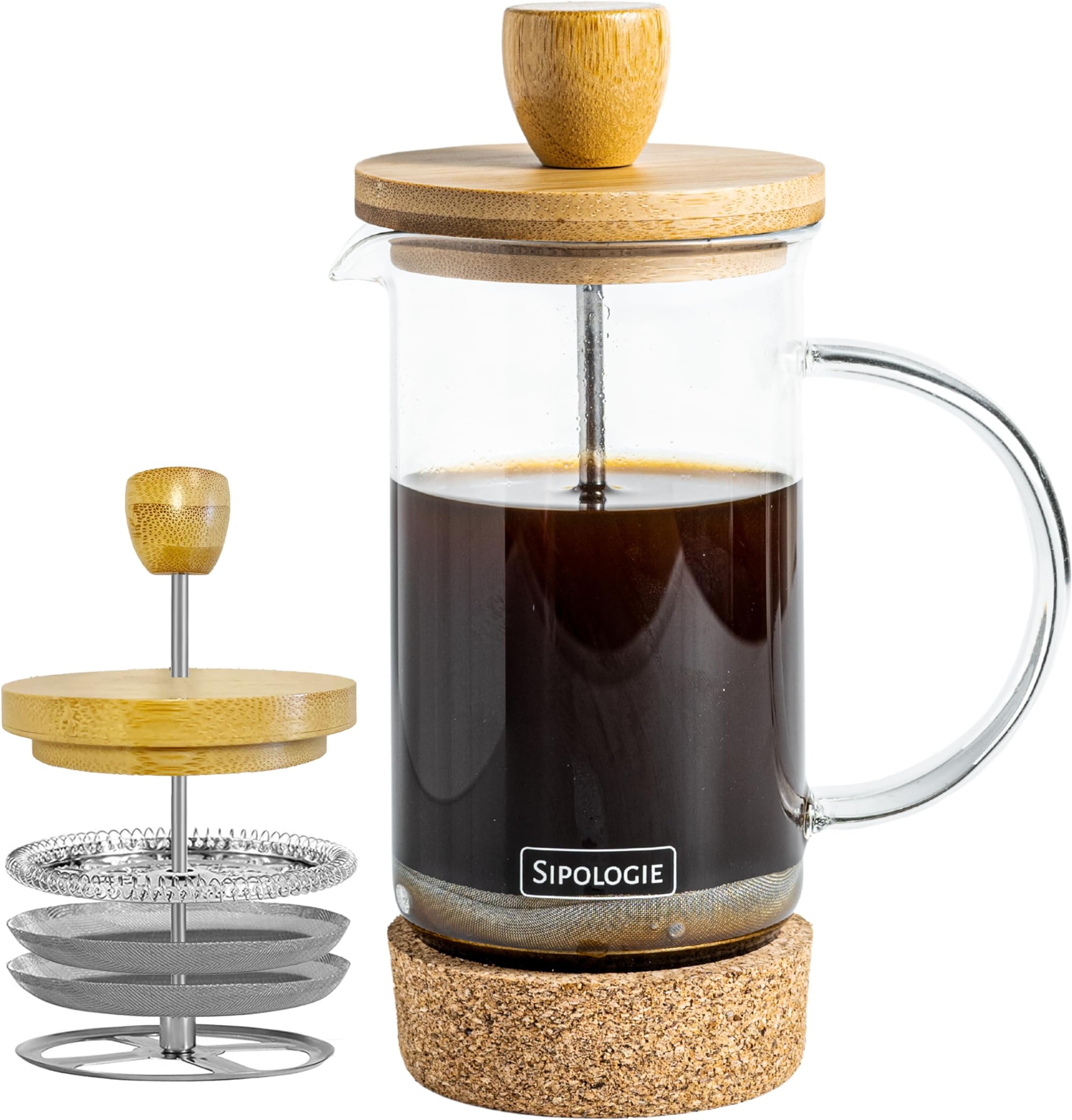 Sipologie Kumaon French Press Coffee Maker 350ml I Nature Inspired Wooden Lid and Cork Base | Premium Heat Resistant Borosilicate Glass I With Coffee Spoon and Extra Filter Mesh | 1 Cup