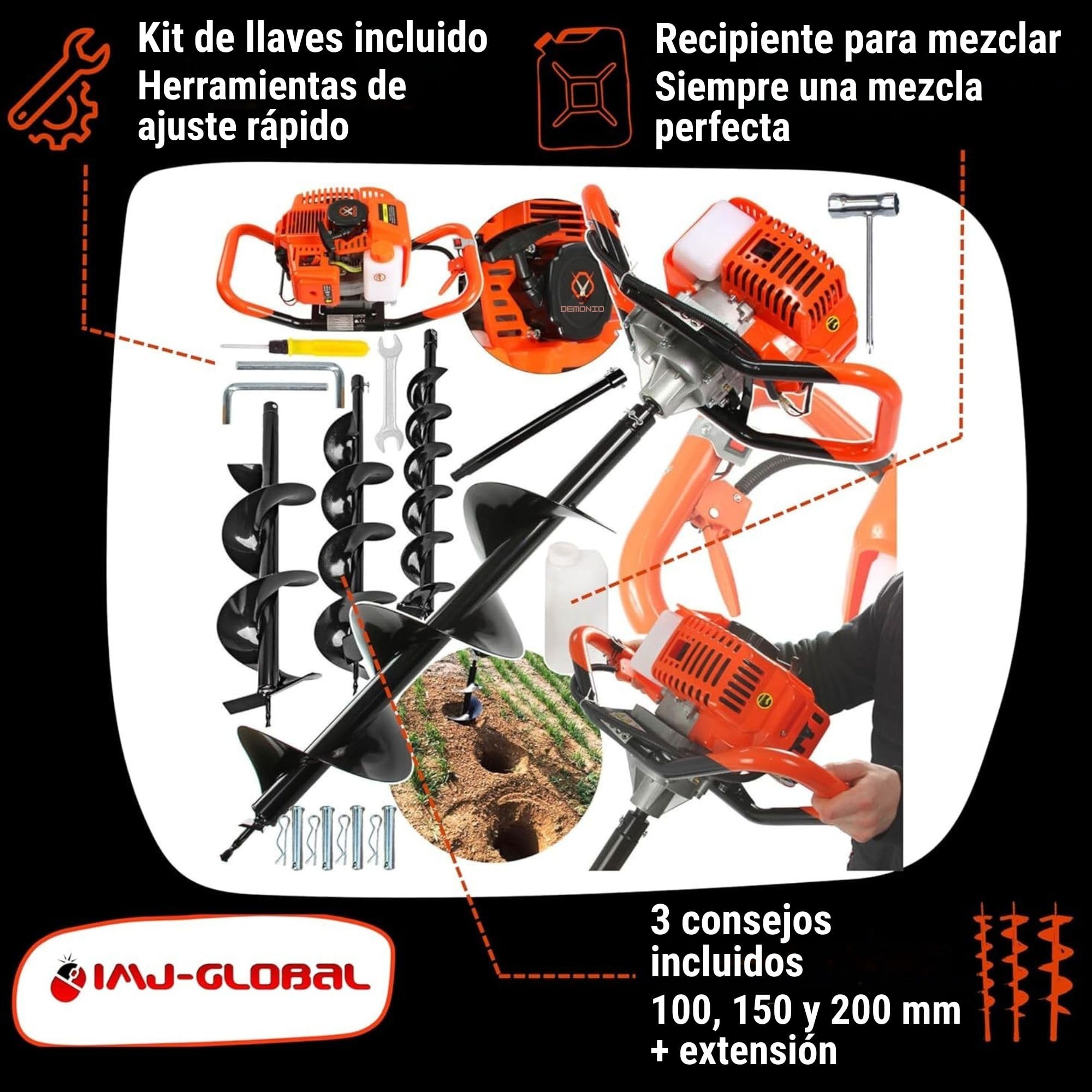 IMJ-Global - Ahoyadora Gasolina DEMON 62cc - 5,2CV con Motor de 2 Tiempos, Mezcla Gasolina:Aceite, Barrena Tierra de Jardín Profesional con 3 Puntas de Ø100 mm, 150 mm y 200 mm