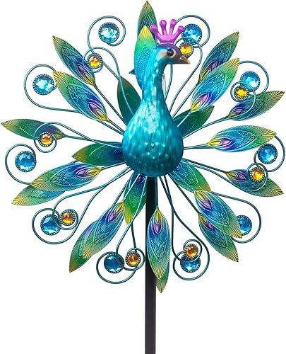 Stargarden Molino de viento de pavo real de 58 pulgadas, escultura de viento doble, molino de viento de metal para decoración de jardín y patio