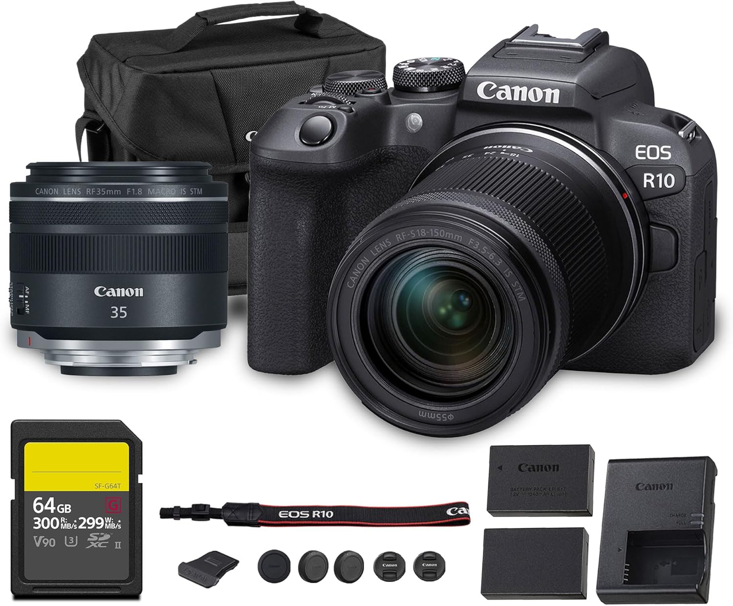 Canon EOS R10 Mirrorless Camera Kit | 24.2MP APS-C Sensor with RF-S 18-150mm Lens | 4K Video Dual Pixel AF Compact Travel Photography (5331C016) + Canon RF 35mm Lens + 64GB Card + LP-E17 Battery + Bag