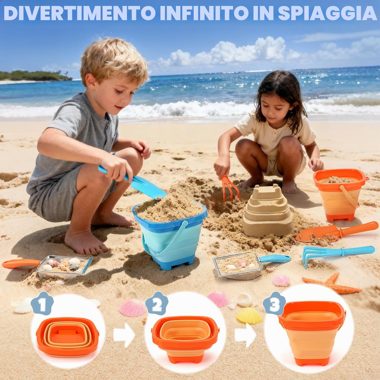 Dreamon Giochi Spiaggia Bambini Set 3 4 5 Anni con Secchiello Spiaggia Bambini Pieghevole Sacco a Rete Setaccio per La Sabbia Pala e Rastrello Giocattoli Regalo Esterno per Bambini e Bambine
