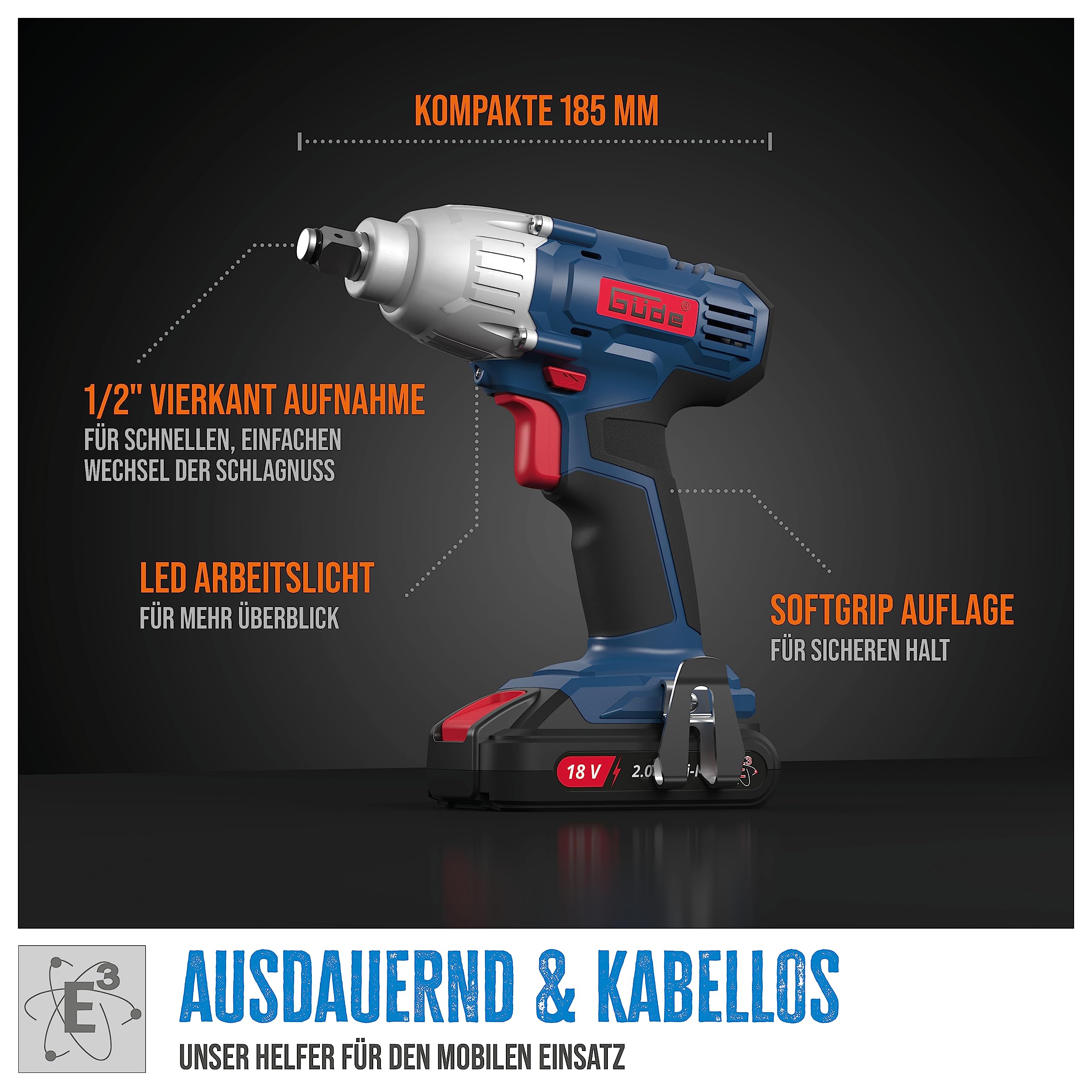 Güde Akumulatorowa wkrętarka udarowa BSS 18 1/2-0 (Easy-Energy-Exchange, 18 V, litowo-jonowa, 230 Nm, światło robocze LED)