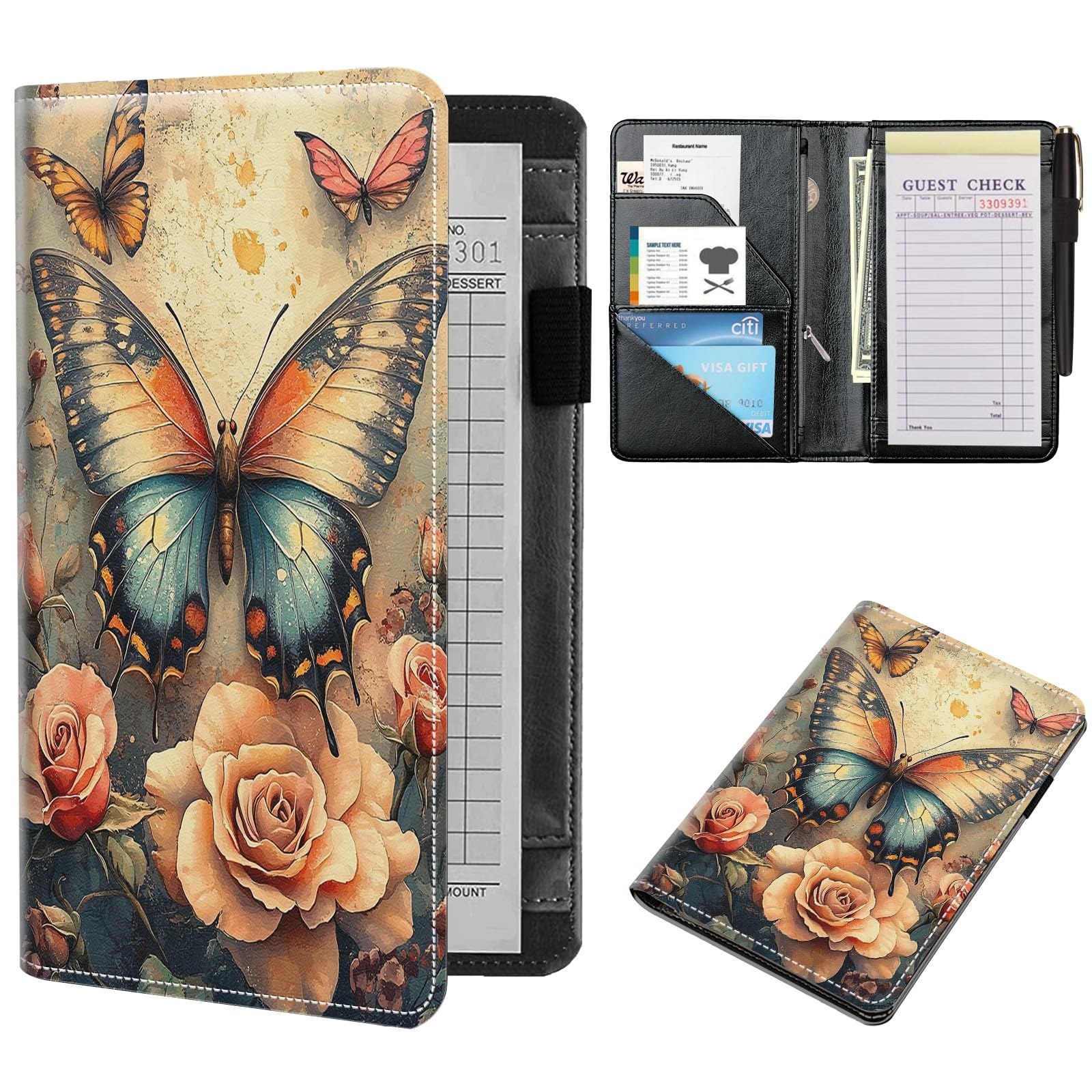 NLZQTTBD Server Books for Waitress Cute Waitress Book PU Leather Server Book with Zipper Wallet Black Serving Book Organizer Fit Server Apron,Rose Butterfly
