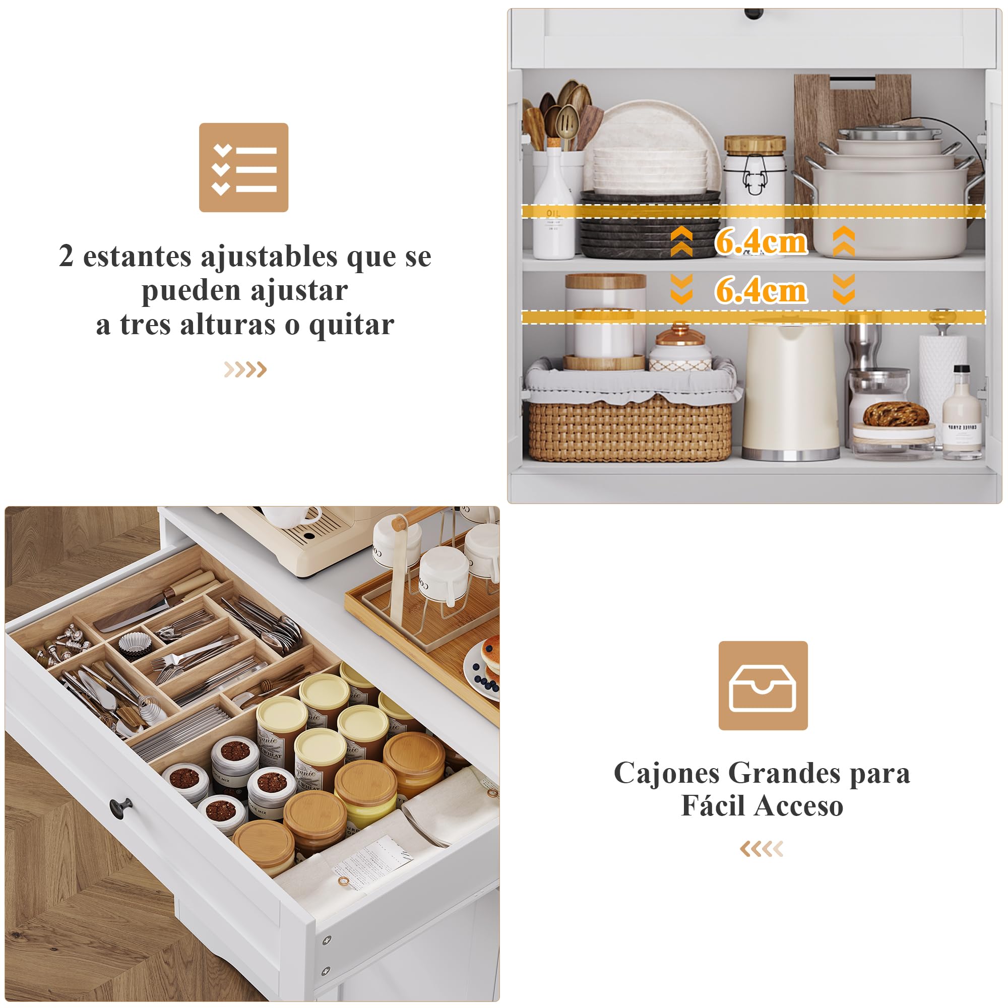 FOREHILL Alacena de Cocina 180cm Aparador Comedor Mueble Auxiliar de Cocina Armario Almacenaje Armario Despensa Cocina, 4 Puertas, 1 Cajón, Estantes Ajustables, para Comedor, Baño (Blanco) 40x75x180cm