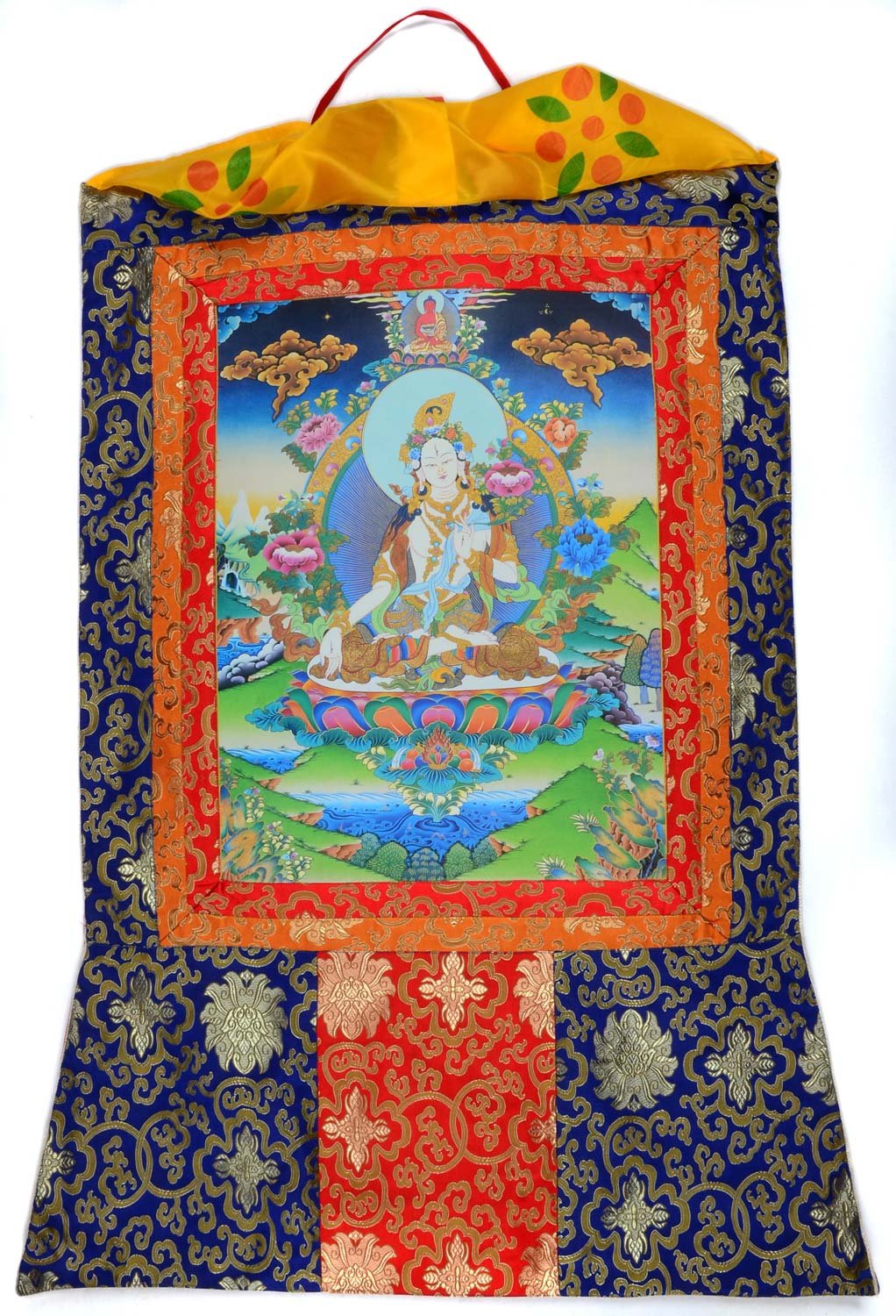 Thangka Weiße Tara oder White Tara Kunstdruck im tibetischen Brokatrahmen 105cm x 63cm