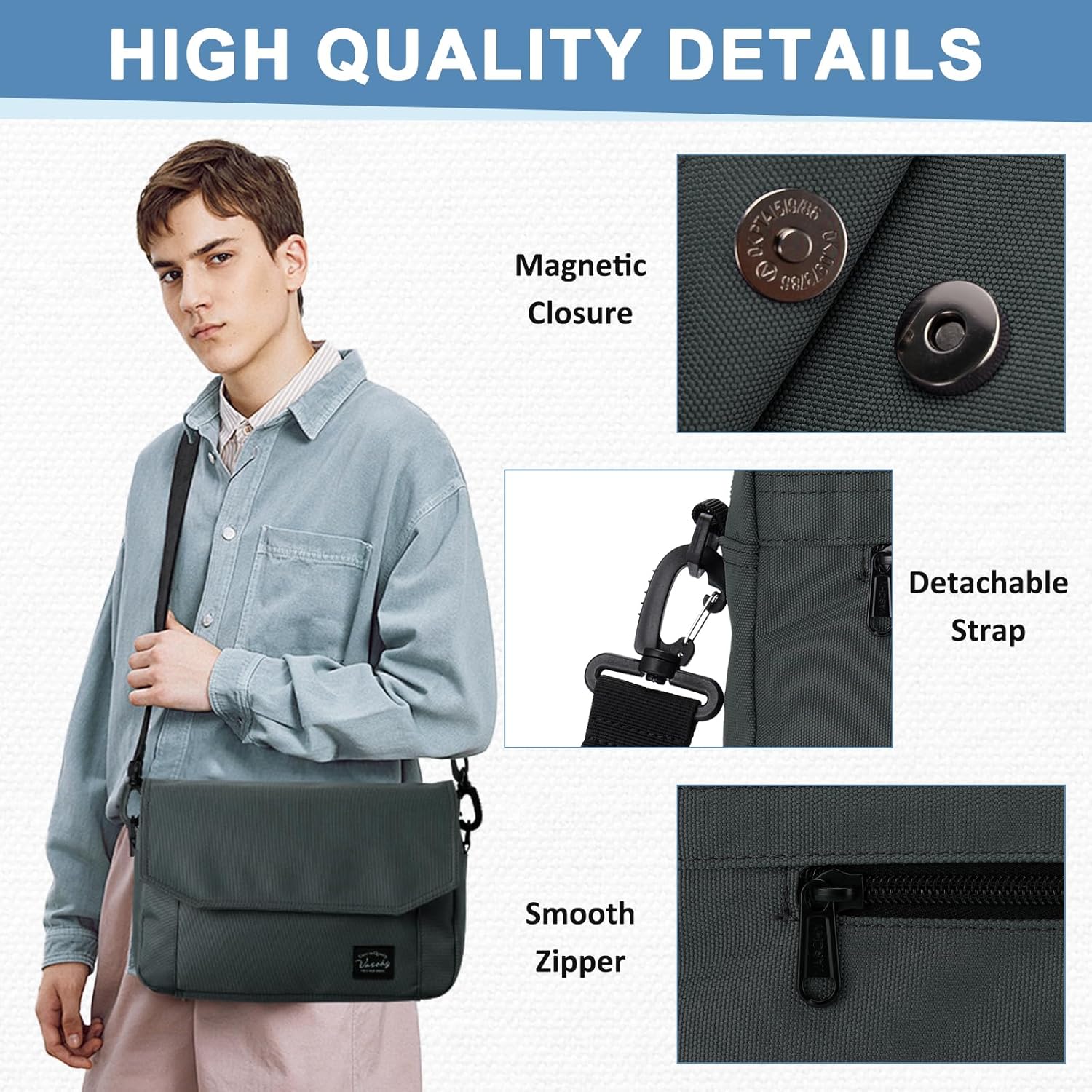 VASCHY Lightweight Messenger Bag for Men, Medium Classic Crossbody Flap Casual Satchel Crossbody Courier Bag for Men - Image 6