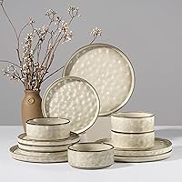 HaWare Saturn Khaki 12-Piece Stoneware Dinnerware Set for 4 - Chip-Resistant Plates & Bowls, Microwave Oven Dishwasher Safe