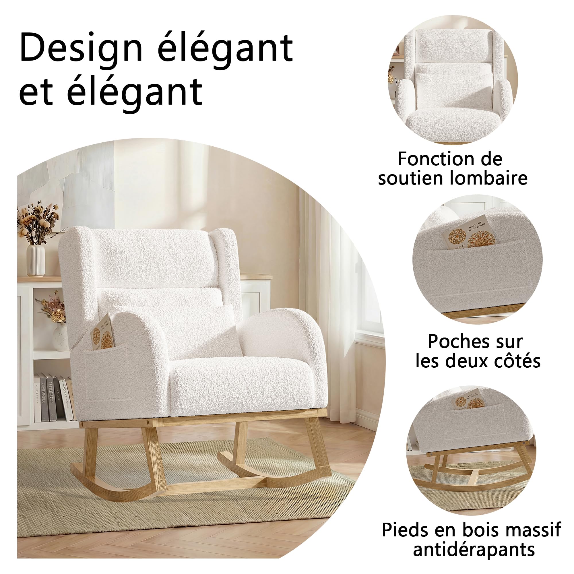Sillón de lactancia con cojín, Silla mecedora con bolsillos, Mecedora interior exterior, Silla de lactancia para habitación del bebé, Silla mecedora para habitación, Balcón (Blanco-3, 65x92x89
