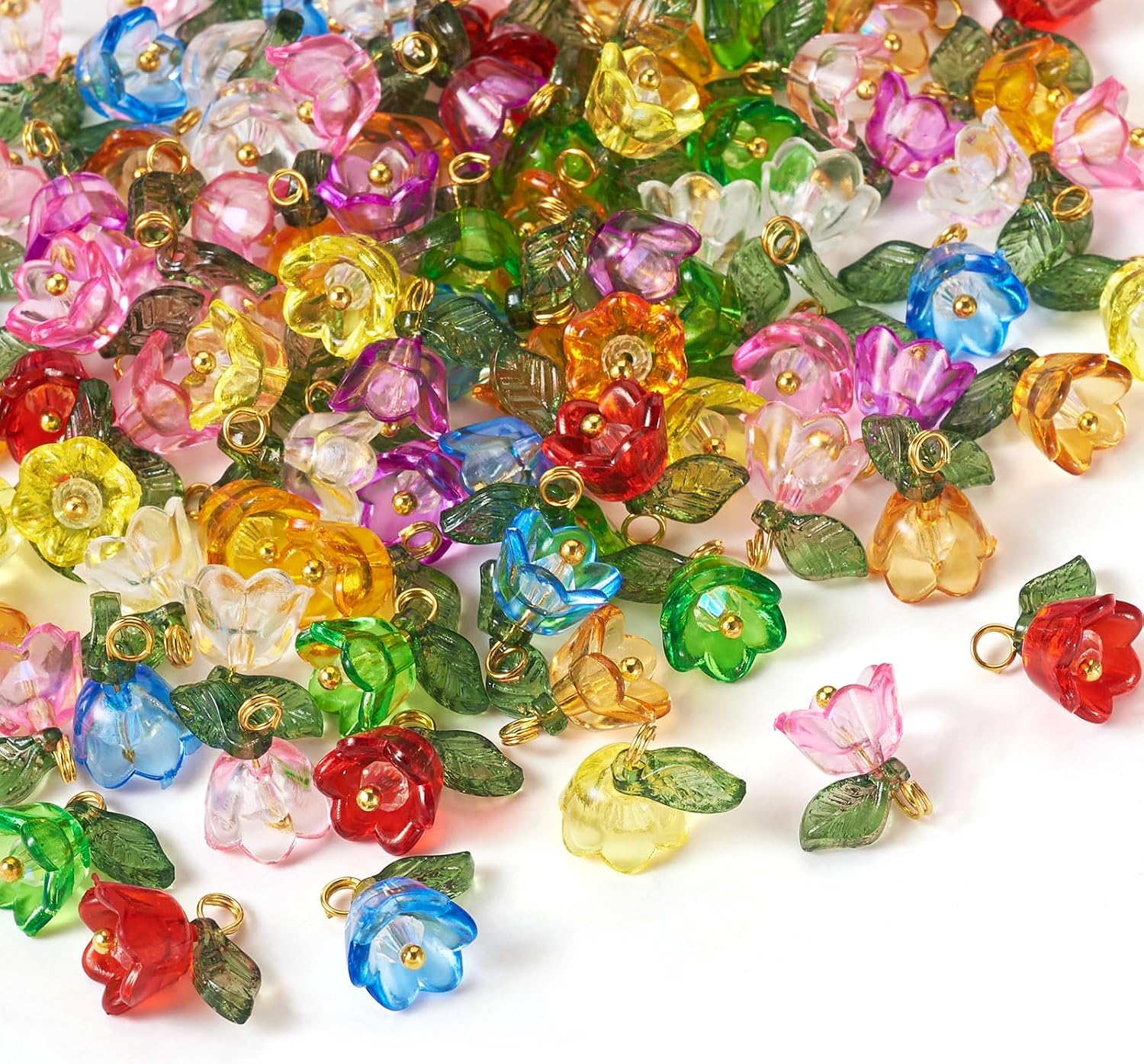 Cheriswelry 100pcs Flower Bracelet Charms Leaf Flower Acrylic Dangle Pendants Transparent Floral Earring Pendants Cute Hang Ornament 13mm for DIY Craft Keychain Necklace Jewelry Making
