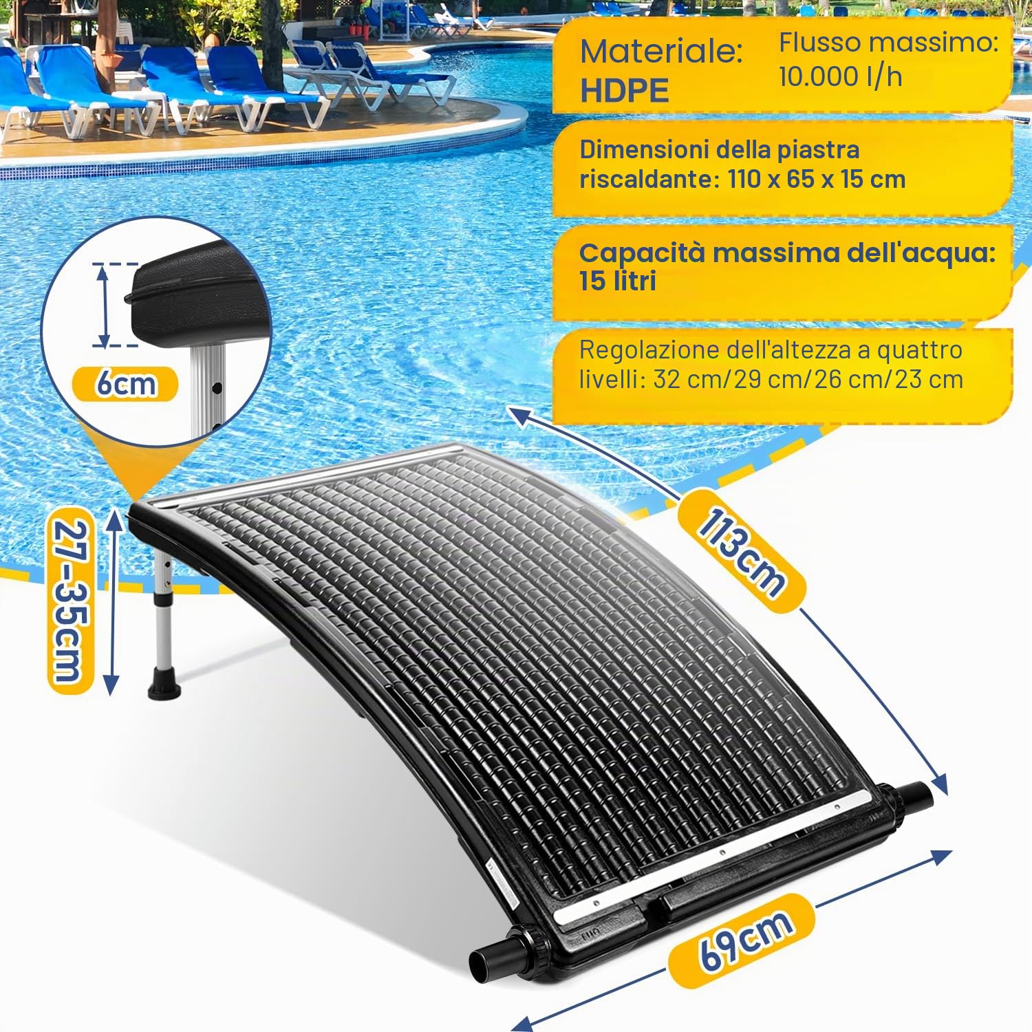 Pannello solare per piscina, 113 x 69 x 35 cm, portata massima 10000 l/h, impianto solare per acqua calda, doccia da giardino, piscina