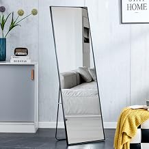 HRVEOCEI 60H Full Length Mirror with Stand, Tempered Full Body Mirror for Bedroom, Free Standing or Wall Mount, Stand up Mirrors Full Length with Wooden Frame for Living Room Bedroom Black 63 Inch