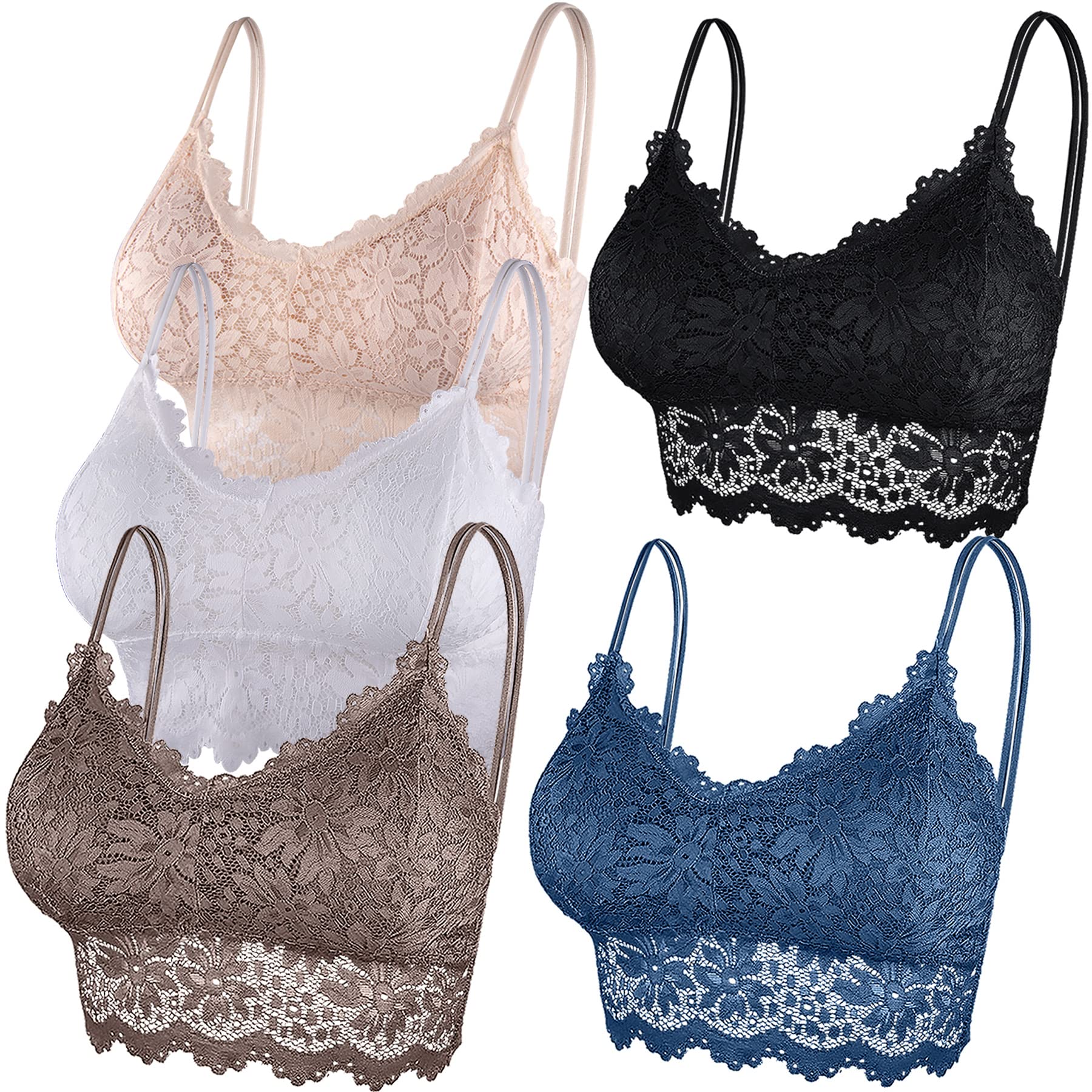 Duufin 5 Pièces Bralette en Dentelle avec Coussinets Amovibles Bralette pour Femme et Fille, 5 Couleurs S-M Blanc, Noir, Beige, Bleu Acier, Rosybrown