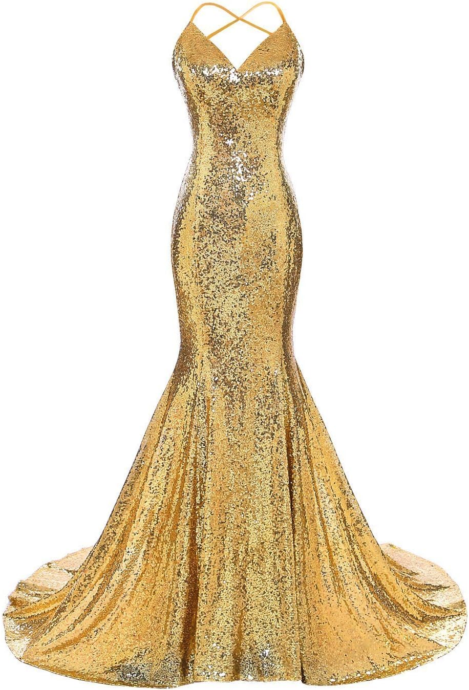 Long Sequin Mermaid Spaghetti Strap Prom Dresses V Neck Evening Party Gowns Yellow 14