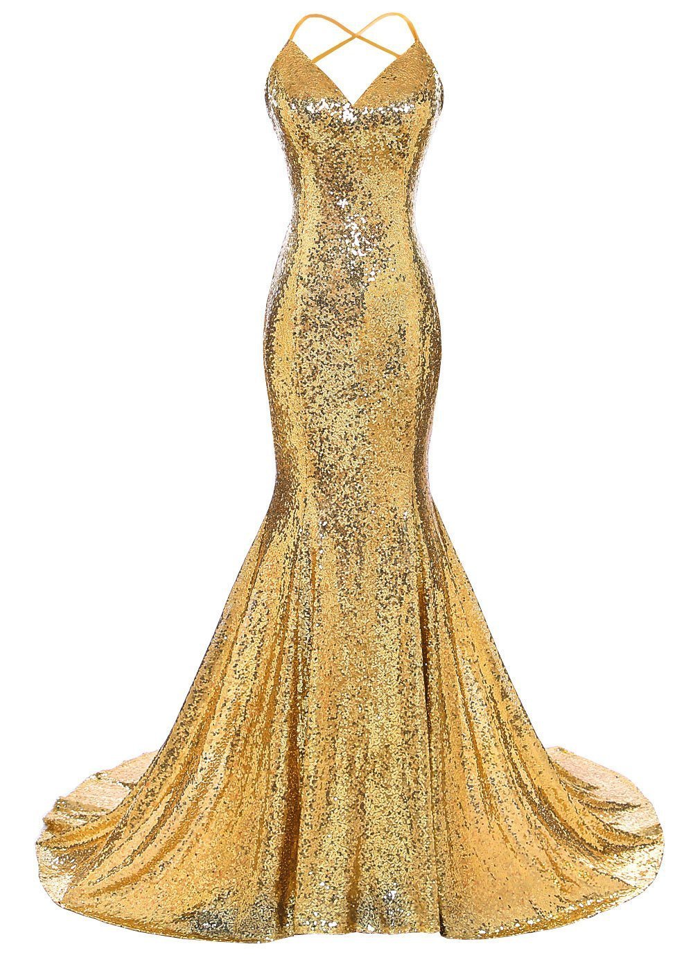Long Sequin Mermaid Spaghetti Strap Prom Dresses V Neck Evening Party Gowns Yellow 14