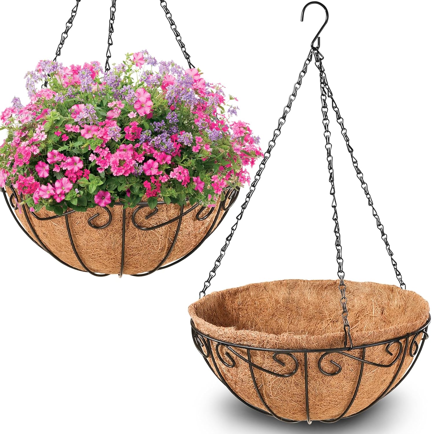 Legigo 2 Pack 14 Inch Metal Hanging Baskets for Plants Outdoor- Wire Round Hanging Planters Basket with Coconut Coir Liner, Hanging Flower Pot for Outdoor Plants Flowers Garden Decorations