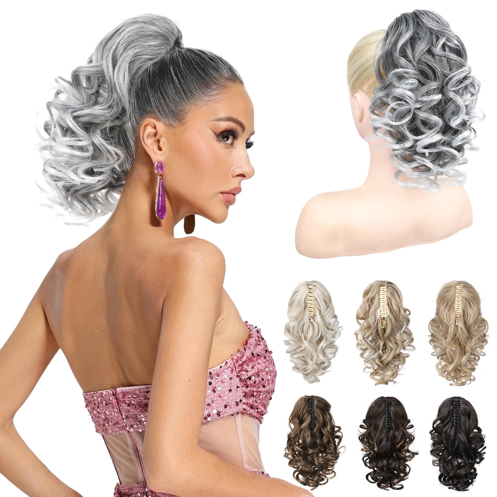 REECHO 12" Ponytail Extension, Classic Loose Curly Wavy Claw Clip Pony tails Hair Extensions Hairpieces for Women (Grey with White Ends)