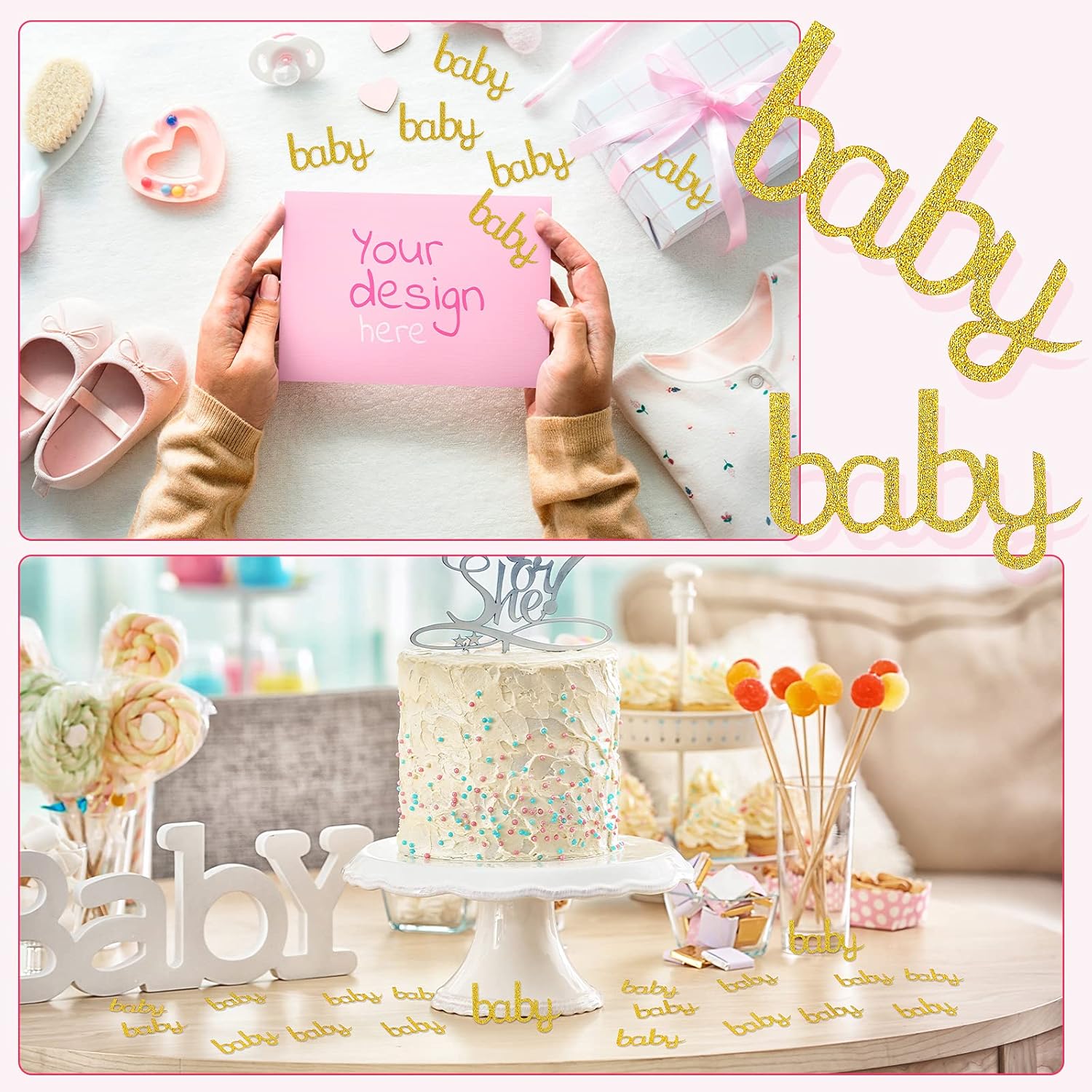 Spakon Gold Baby Confetti 200 Pieces Baby Shower Decorations Table Confetti Double-side Glitter Paper Foiled Sprinkle Double Cute Litter Tags for Table Gender Reveal Decor