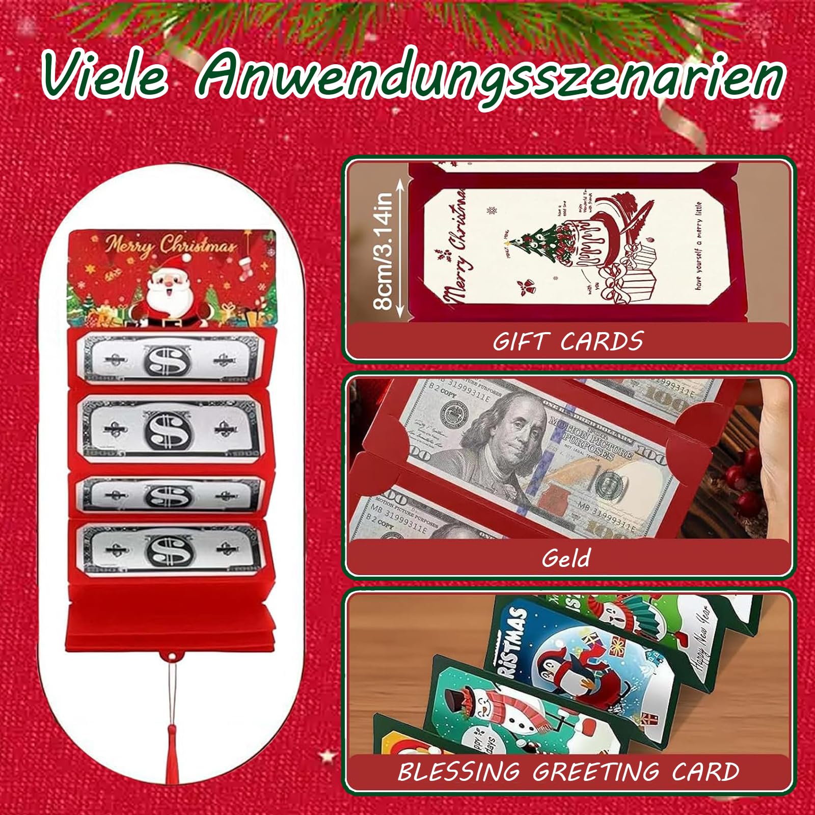 6 Stück Weihnachten Geldgeschenk Verpackung, Weihnachtskarte Geldgeschenk mit Umschlag für Kleine Weihnachtsgeschenke für Kollegen, Weihnachtsgeschenkumschlag mit Quasten