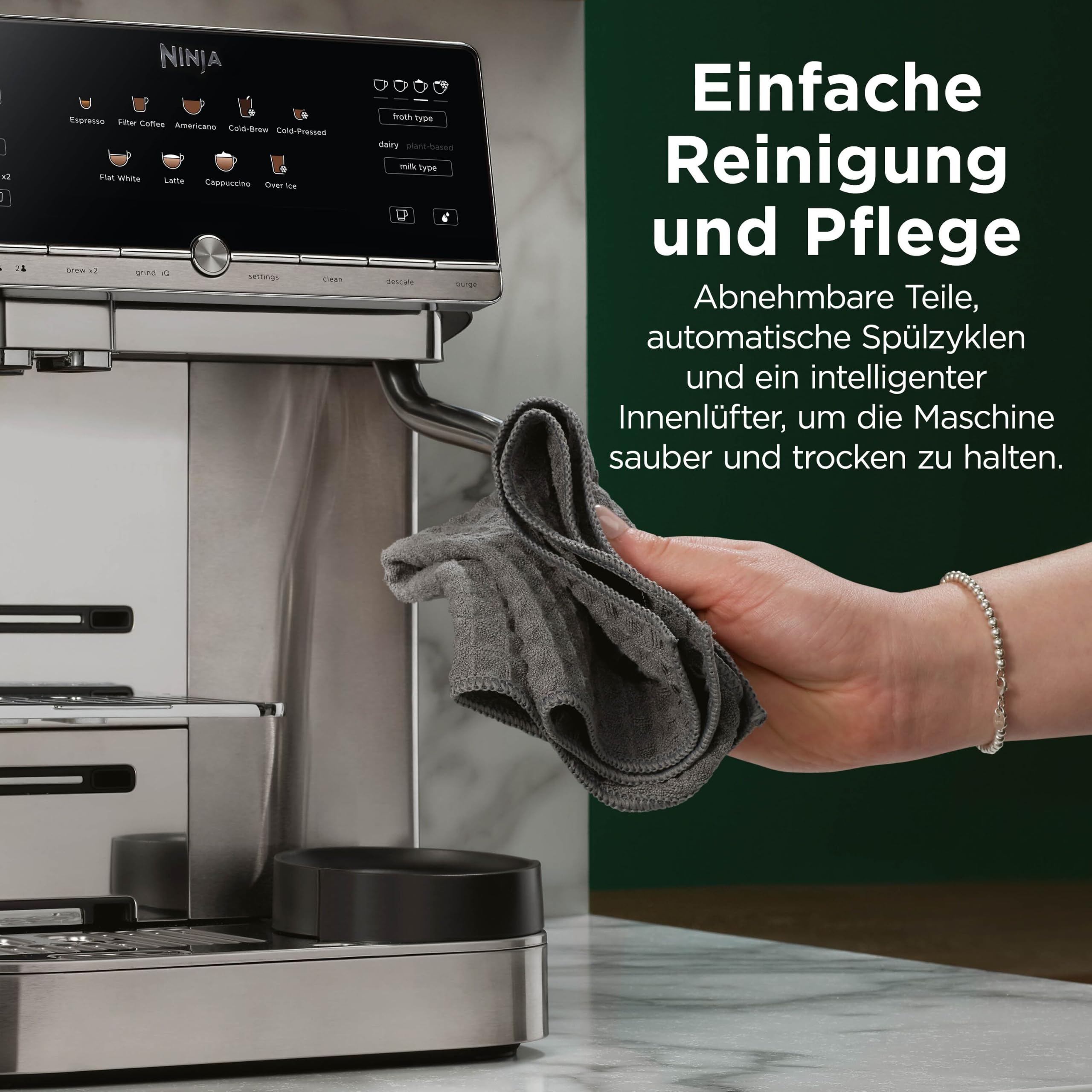 Ninja AutoBarista Kaffeevollautomat für Espresso, Filterkaffee und Cold Brew, 10 Getränkeprogramme und 4 Milchaufschäum-Voreinstellungen, spülmaschinengeeignete, abnehmbare Teile, Silber AE1001EU