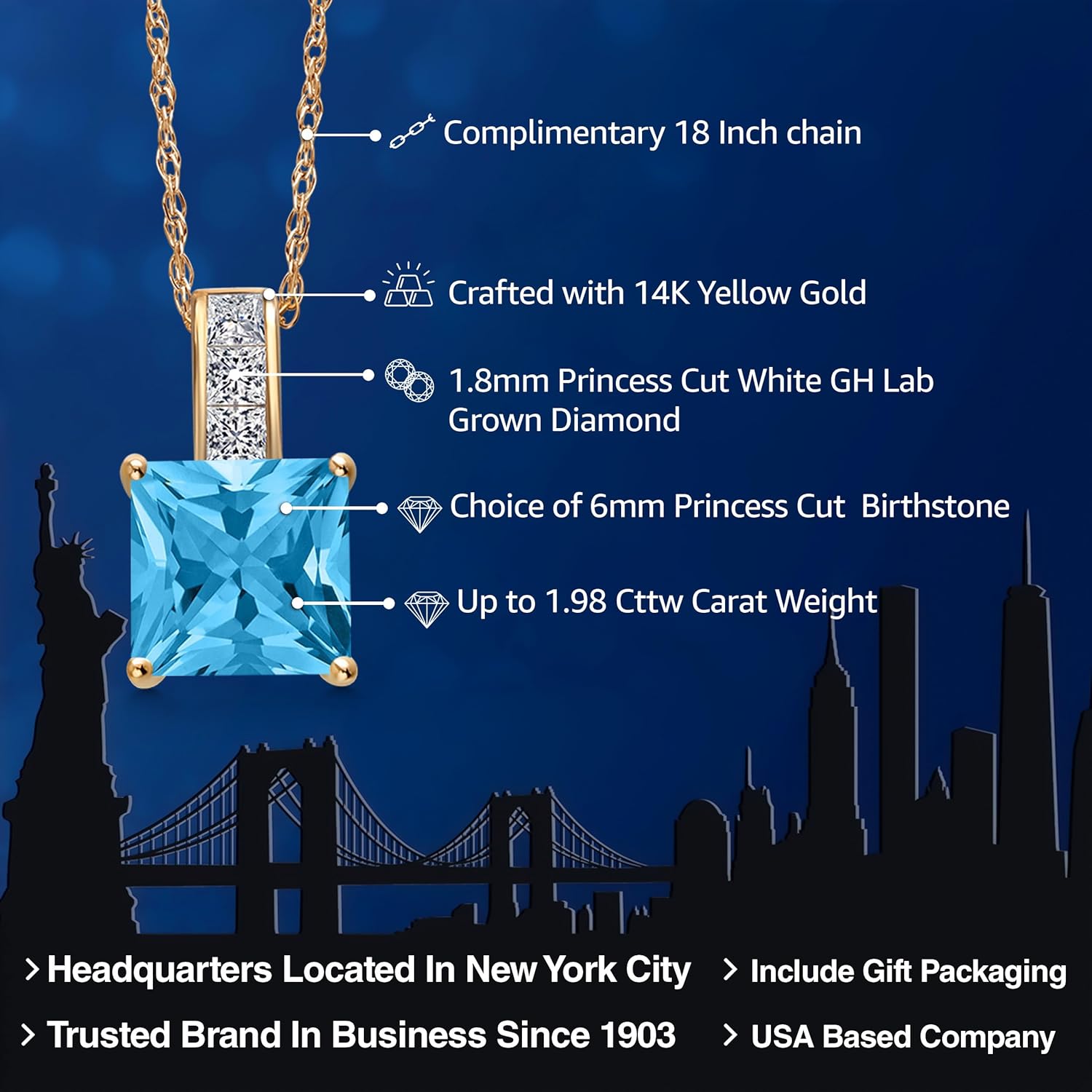 Gem Stone King 14K Yellow Gold Build your Own Personalized Princess 6MM Birthstone and White GH Lab Grown Diamond Pendant Necklace For Women With 18 Inch Chain - Image 2