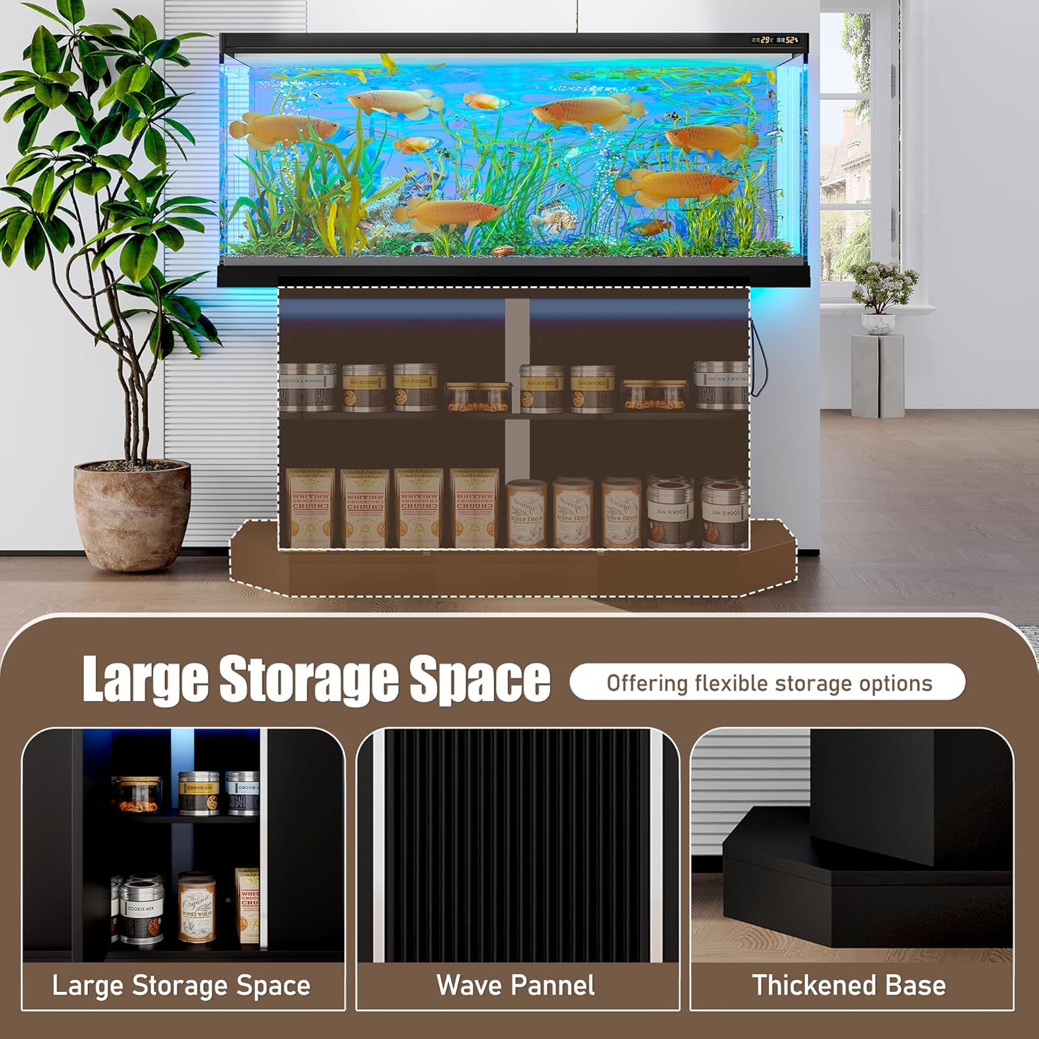55-75 Gallon Aquarium Stand with Charging Station, Farmhouse Fish Tank Stand, Heavy Duty Reptile Tank Stand Table for Fish Accessories Storage, 47.6"×14" Tabletop, Black