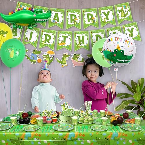 Miniatura 7 de Obussgar Decoraciones de fiesta de cumpleaños de cocodrilos, suministros de fiesta de cocodrilos, incluyendo pancarta, platos, vasos, servilletas,