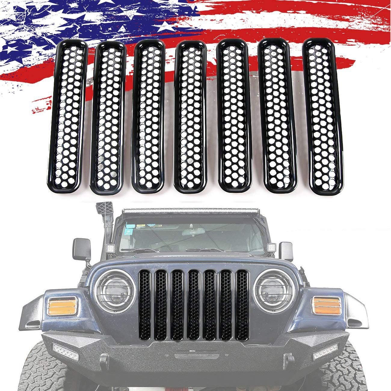 JeCar 7pcs mesh grill Front Grille Trim Honeycomb Grill Inserts Cover Custom 3D Formed for 1997-2006 Jeep Wrangler TJ & Unlimited(Black)