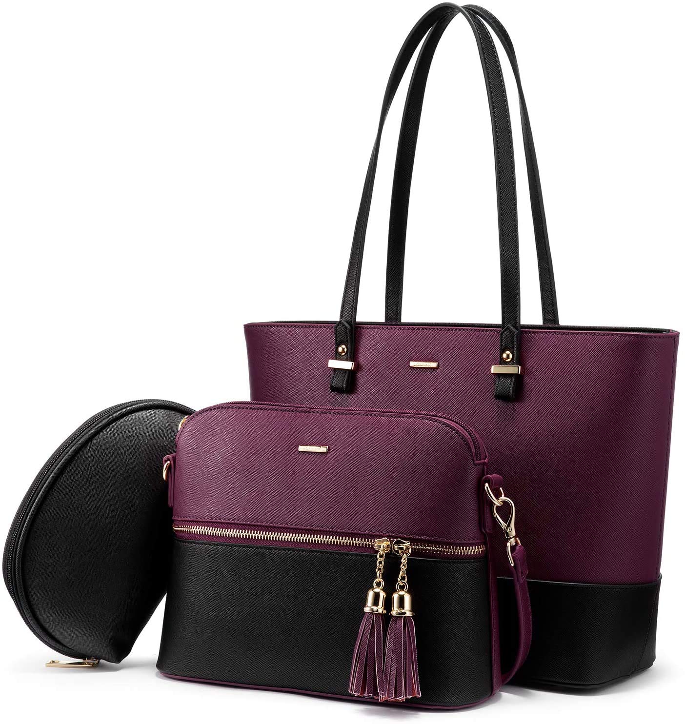 PU Leather Women Multipurpose Carry Tote Crossbody Satchel Purse Clutch Handbag Set of 3 for Travel Shopping And Carry (Purple and Black)