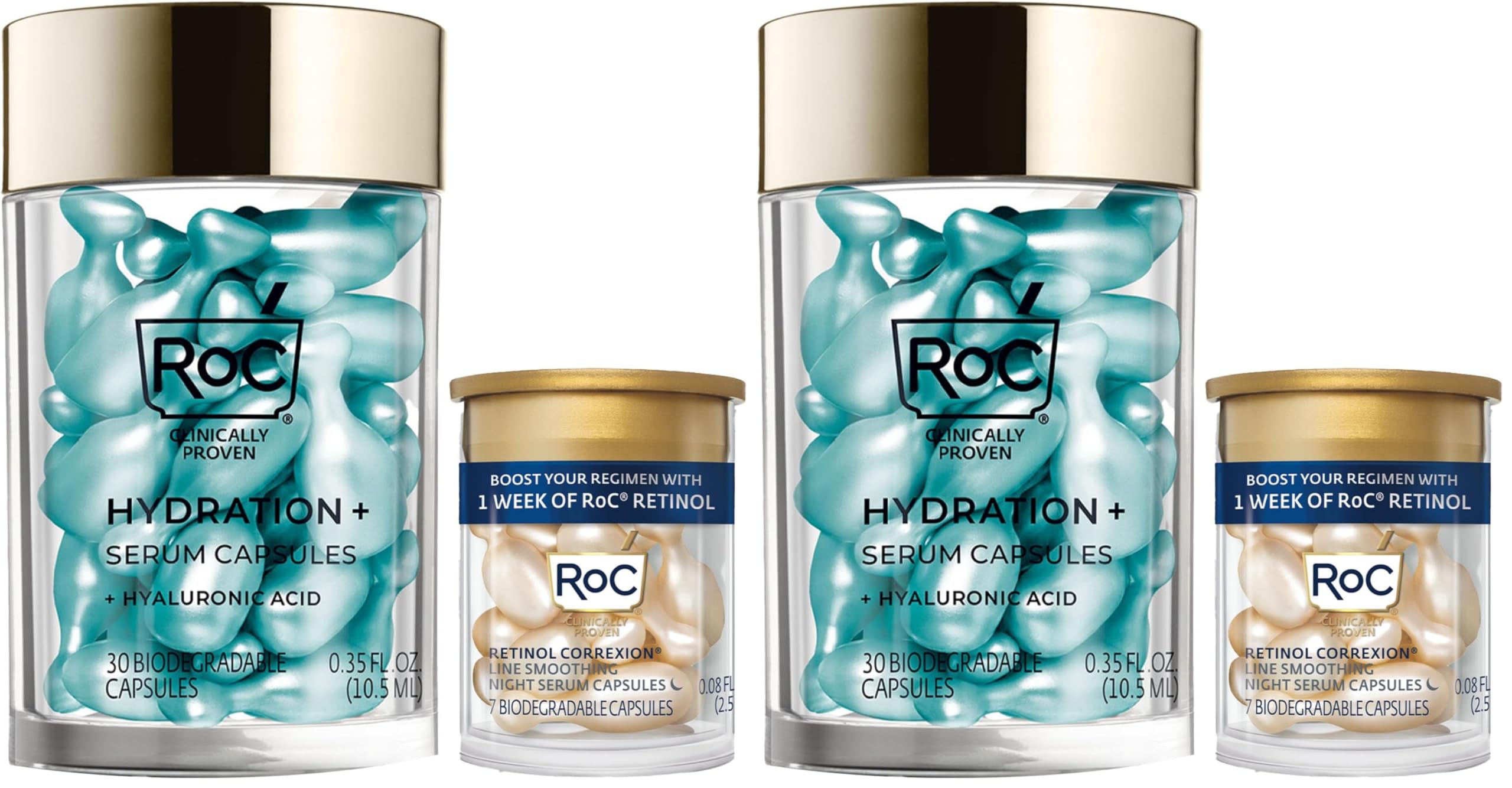 RoC Multi Correxion Hyaluronic Acid Night Serum Capsules (30 CT) for Intense Hydration + RoC Retinol Capsules (7 CT), Anti-Aging Skin Care Wrinkle Treatment for Women and Men, (Pack of 2)